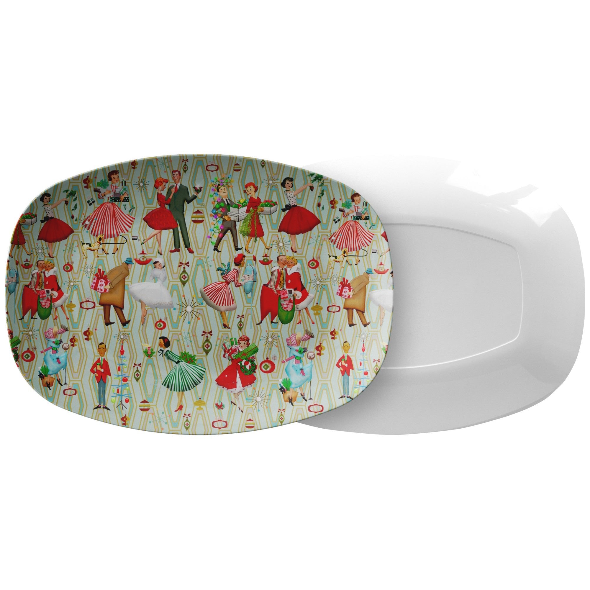 Kate McEnroe New York 1950s Retro Vintage Christmas Platter, Mid Century Modern Green, Red, Women, Ladies, Housewives Holiday Party DishServing Platters9727