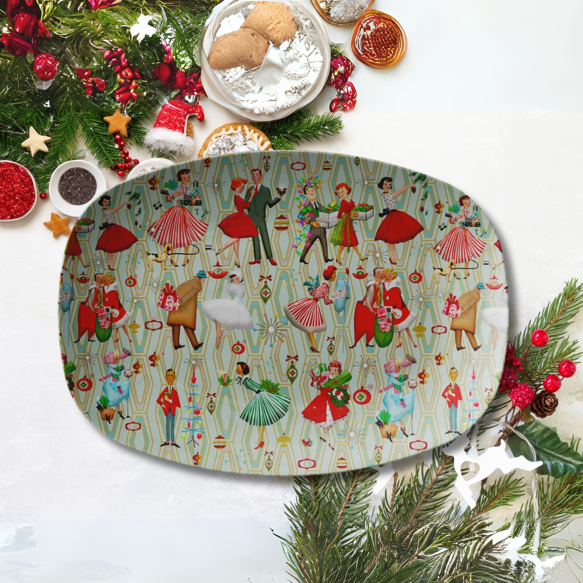 Kate McEnroe New York 1950s Retro Vintage Christmas Platter, Mid Century Modern Green, Red, Women, Ladies, Housewives Holiday Party DishServing Platters9727