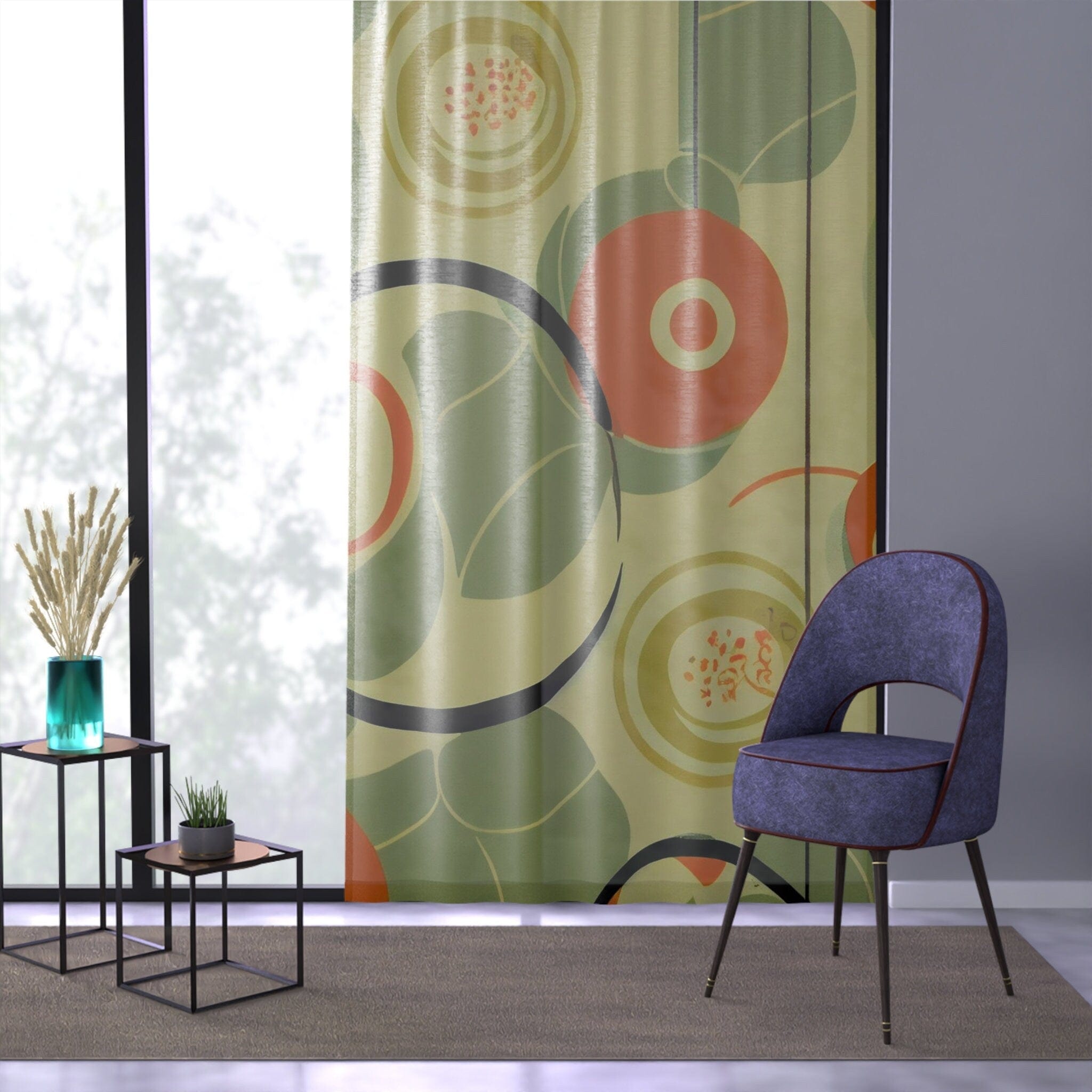 Kate McEnroe New York 1970s Geometric Abstract Curtains, Burnt Orange and Green Mid Century Style Living Room, Bedroom Decor - KM13879923Window CurtainsW3S - ORA - GRA - SH3