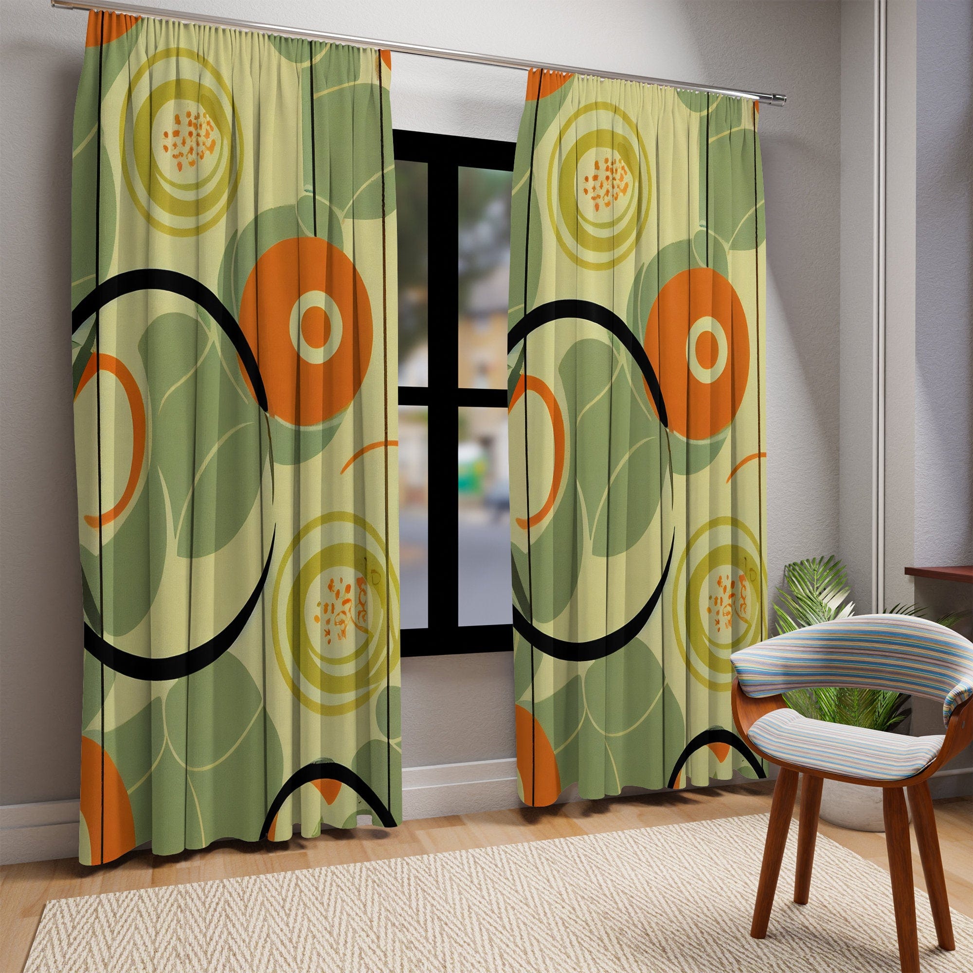 Kate McEnroe New York 1970s Geometric Abstract Curtains, Burnt Orange and Green Mid Century Style Living Room, Bedroom Decor - KM13879923Window CurtainsW3S - ORA - GRA - SH3