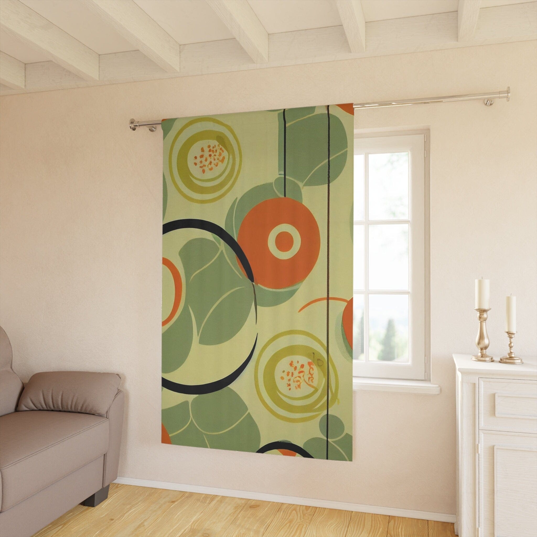 Kate McEnroe New York 1970s Geometric Abstract Curtains, Burnt Orange and Green Mid Century Style Living Room, Bedroom Decor - KM13879923Window CurtainsW3S - ORA - GRA - SH3