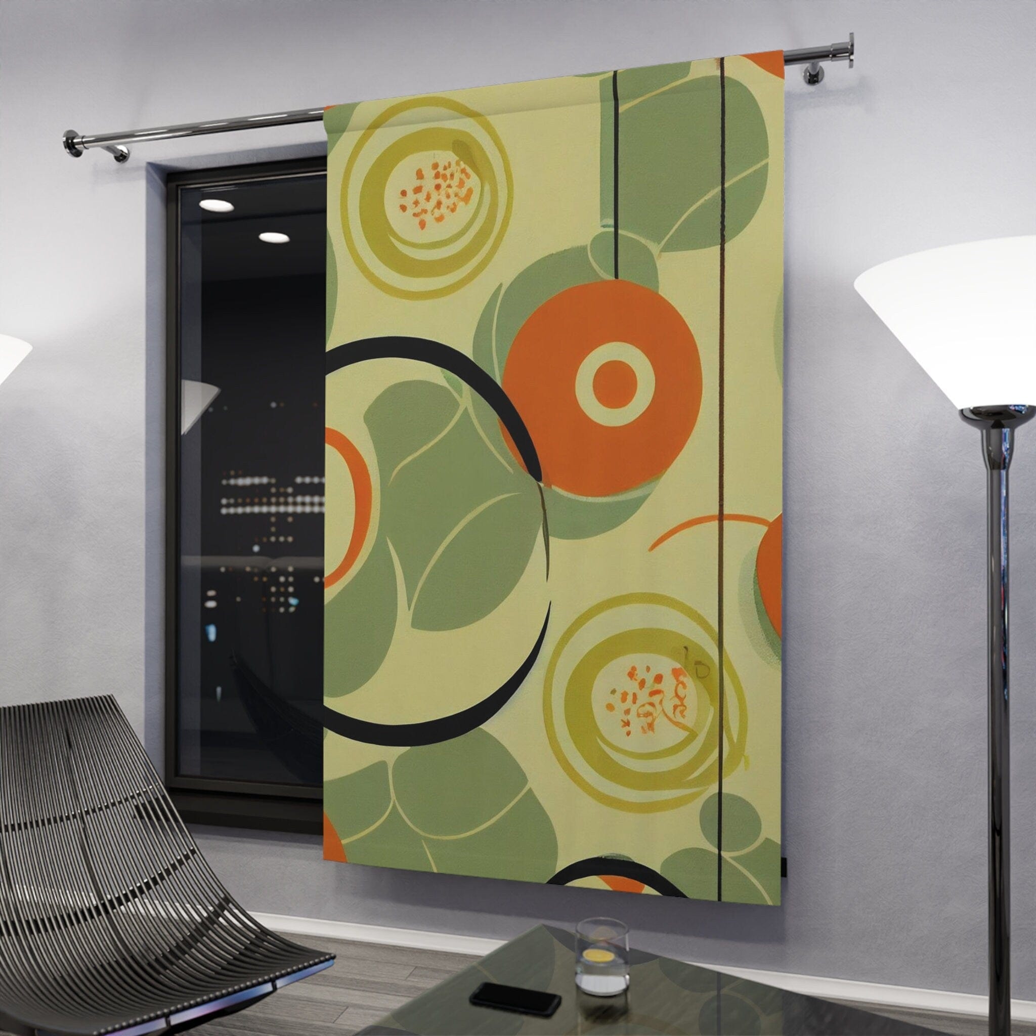 Kate McEnroe New York 1970s Geometric Abstract Curtains, Burnt Orange and Green Mid Century Style Living Room, Bedroom Decor - KM13879923Window CurtainsW3S - ORA - GRA - SH3