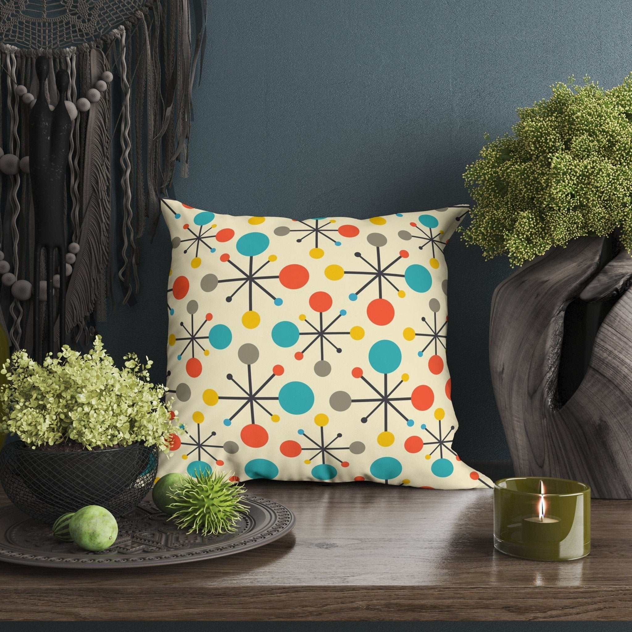 Kate McEnroe New York 50s Mid Century Modern Atomic Retro Starburst Throw Pillow with Insert, Orange, Aqua Blue MCM Cushions, Living Room Accent PillowThrow Pillows52999072864939629100
