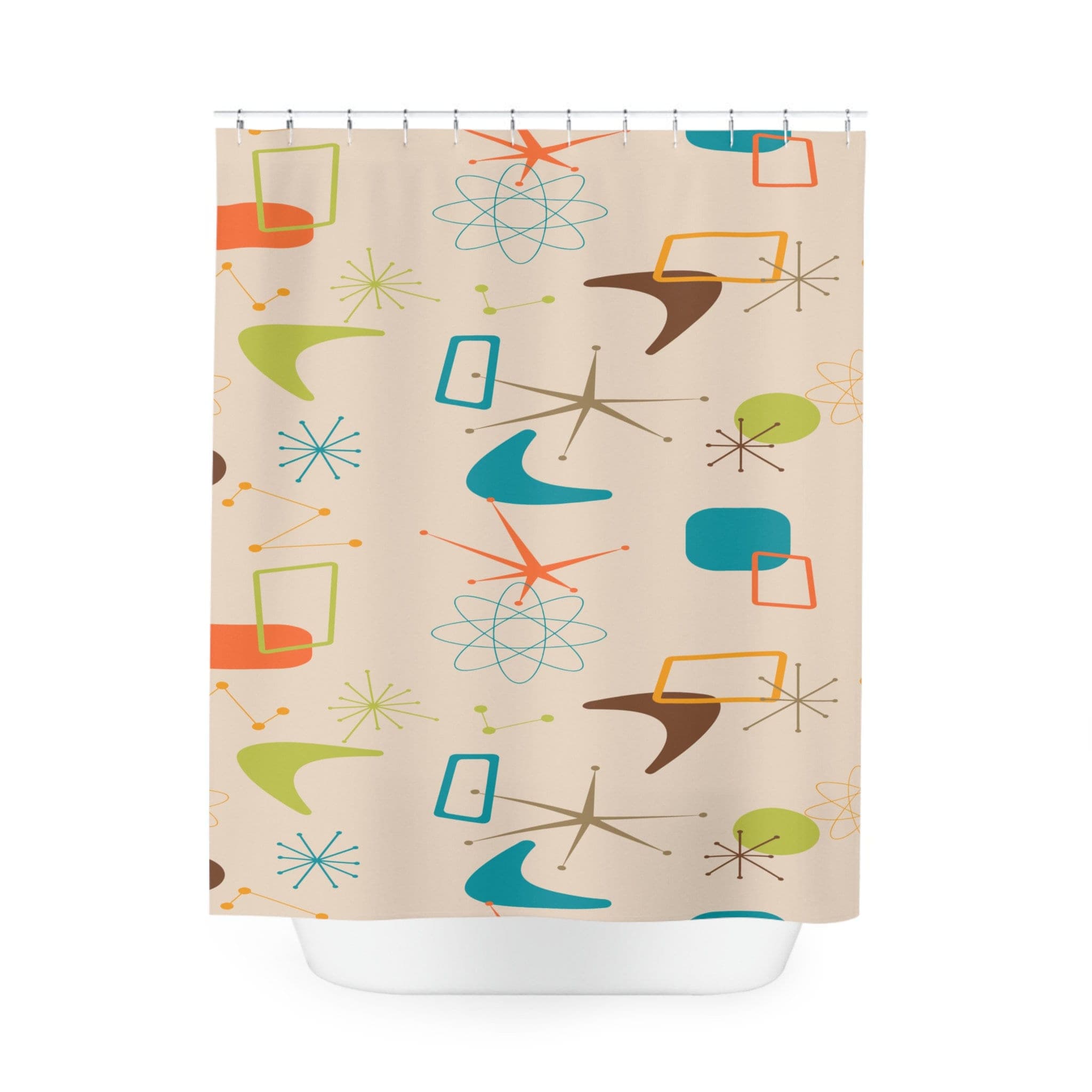 Kate McEnroe New York 50s Mid Century Modern Boomerang Starburst shower curtains, Retro Beige, Orange, Teal Blue, Lime Bathroom, Atomic Age Bath DecorShower CurtainsS40 - MID - GEO - 7X7