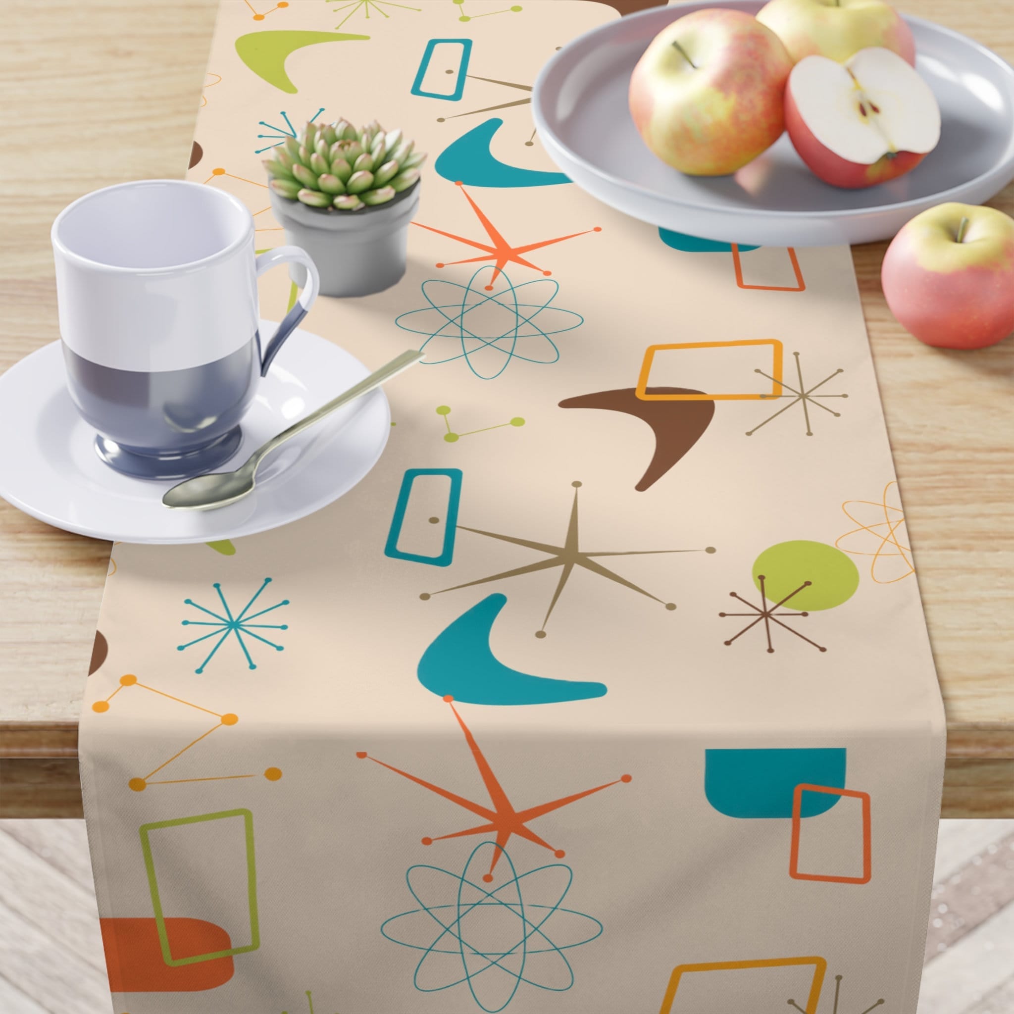 Kate McEnroe New York 50s Mid Century Modern Boomerang Starburst Table Runner, Retro Beige, Orange, Teal Blue, Lime Table LinensTable Runners20328300914304814819
