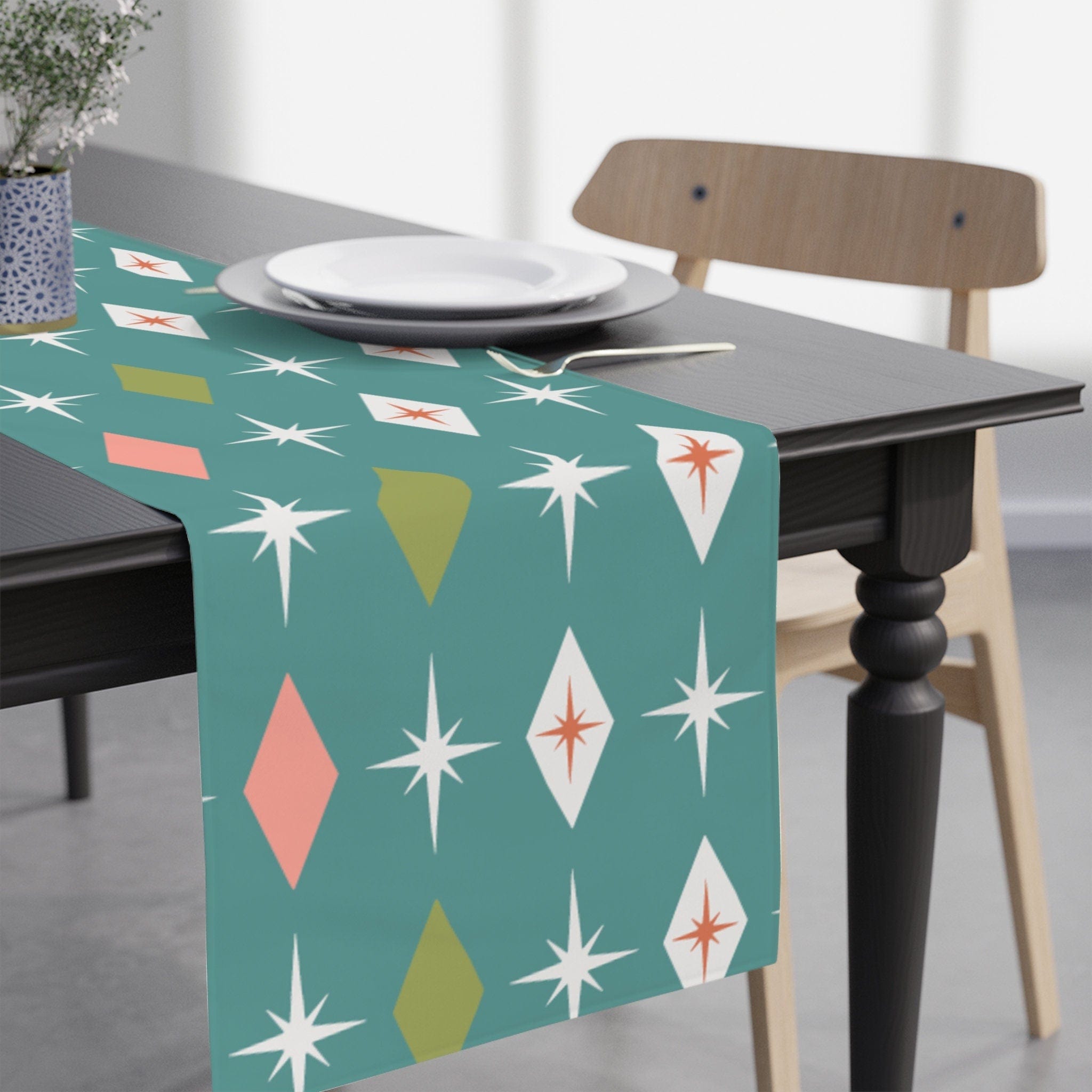 Kate McEnroe New York 50s Mid Century Modern Retro Aqua Blue Diamond Starburst Table RunnerTable Runners18840401155891775167