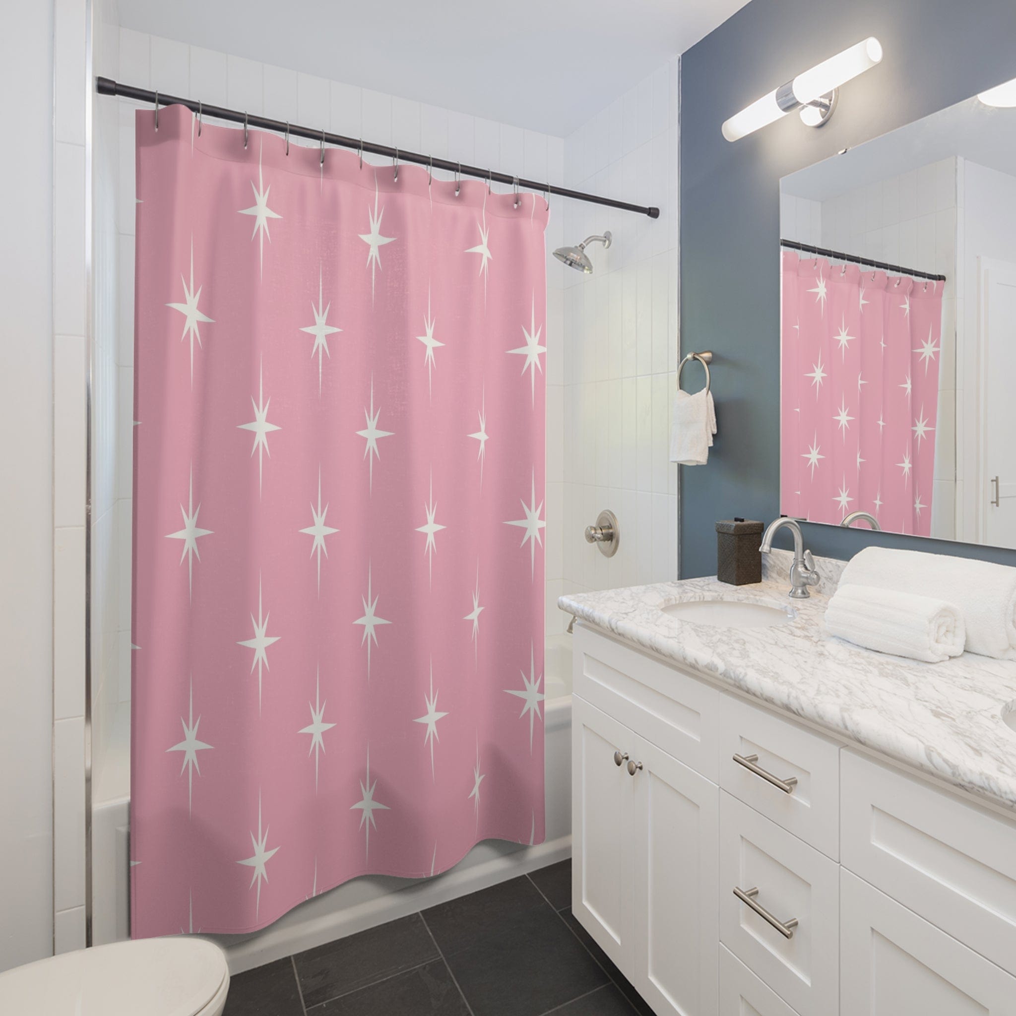 Kate McEnroe New York 50s Retro Mid Century Modern Atomic Starburst Shower Curtains in Vintage Pink and WhiteShower CurtainsS40 - STB - PNK - 7X9