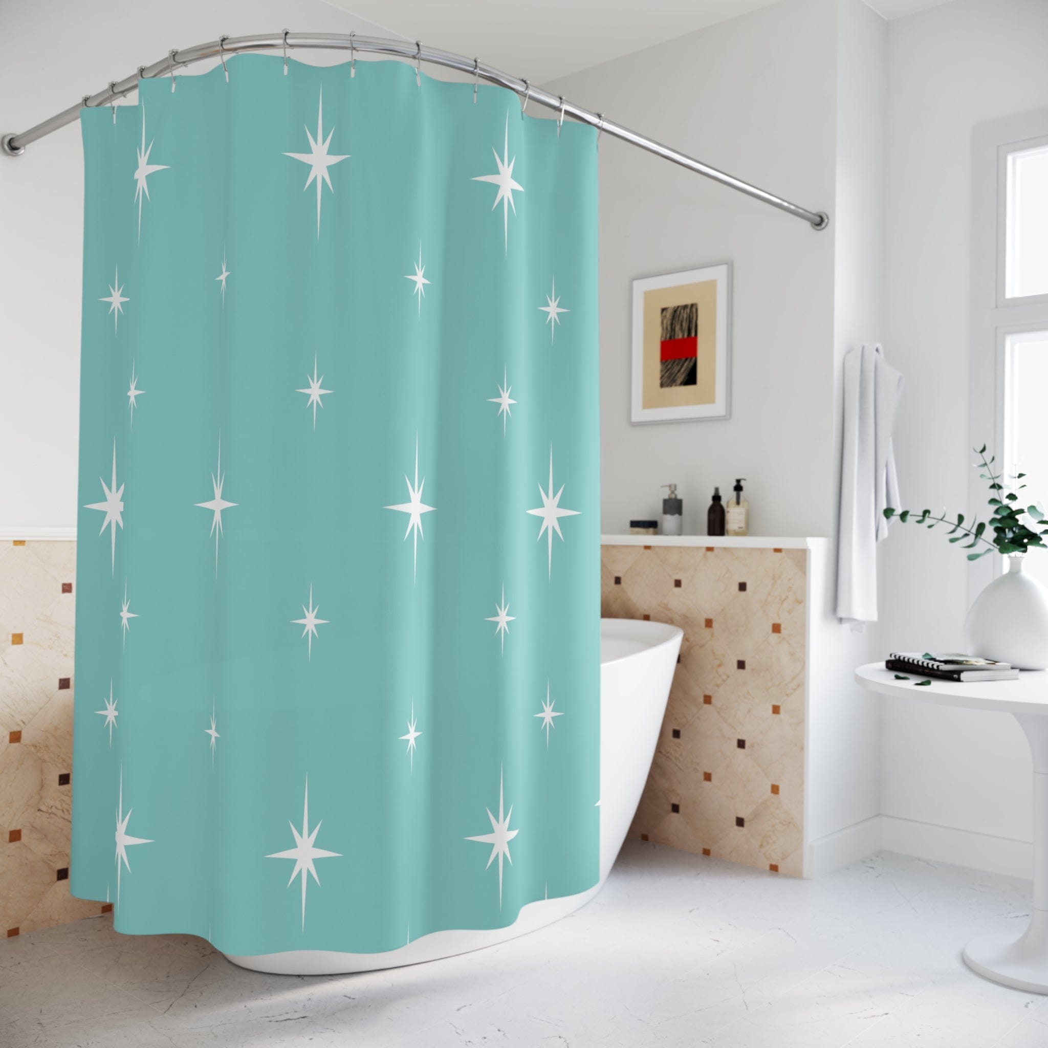 Kate McEnroe New York 50s Retro Mid Century Modern Atomic Starburst Shower Curtains in Vintage Turquoise and WhiteShower CurtainsS40 - STB - BLU - 7X7