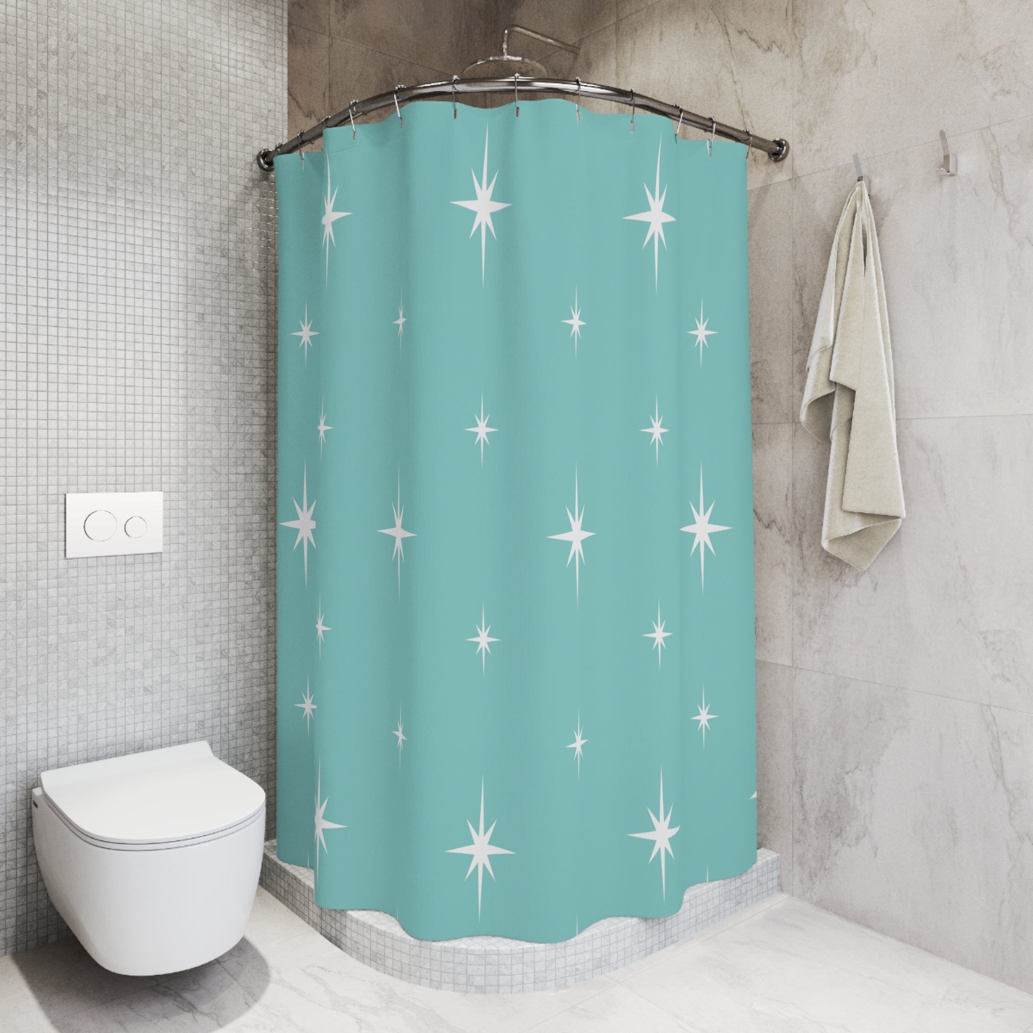 Kate McEnroe New York 50s Retro Mid Century Modern Atomic Starburst Shower Curtains in Vintage Turquoise and WhiteShower CurtainsS40 - STB - BLU - 7X7
