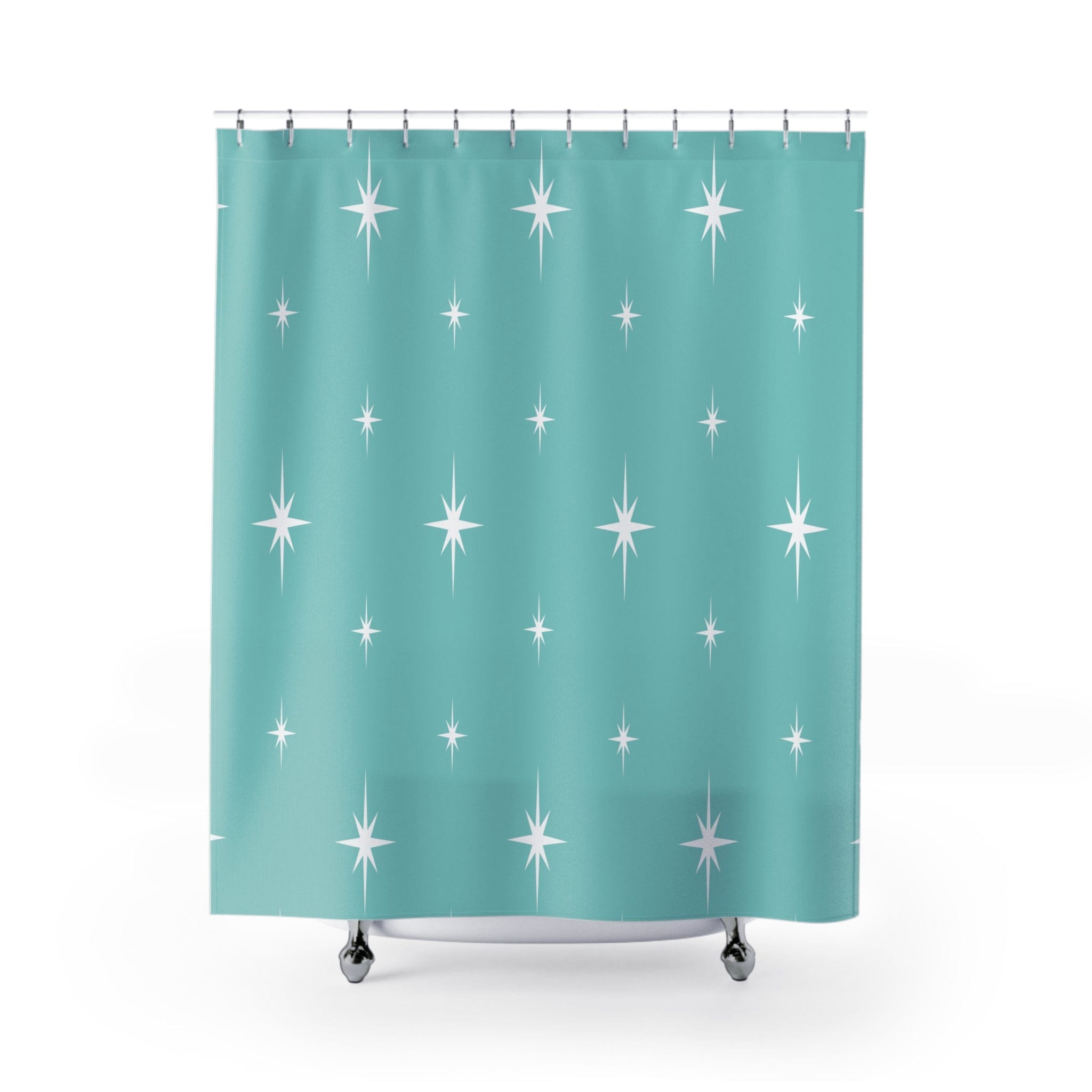Kate McEnroe New York 50s Retro Mid Century Modern Atomic Starburst Shower Curtains in Vintage Turquoise and WhiteShower CurtainsS40 - STB - BLU - 7X9