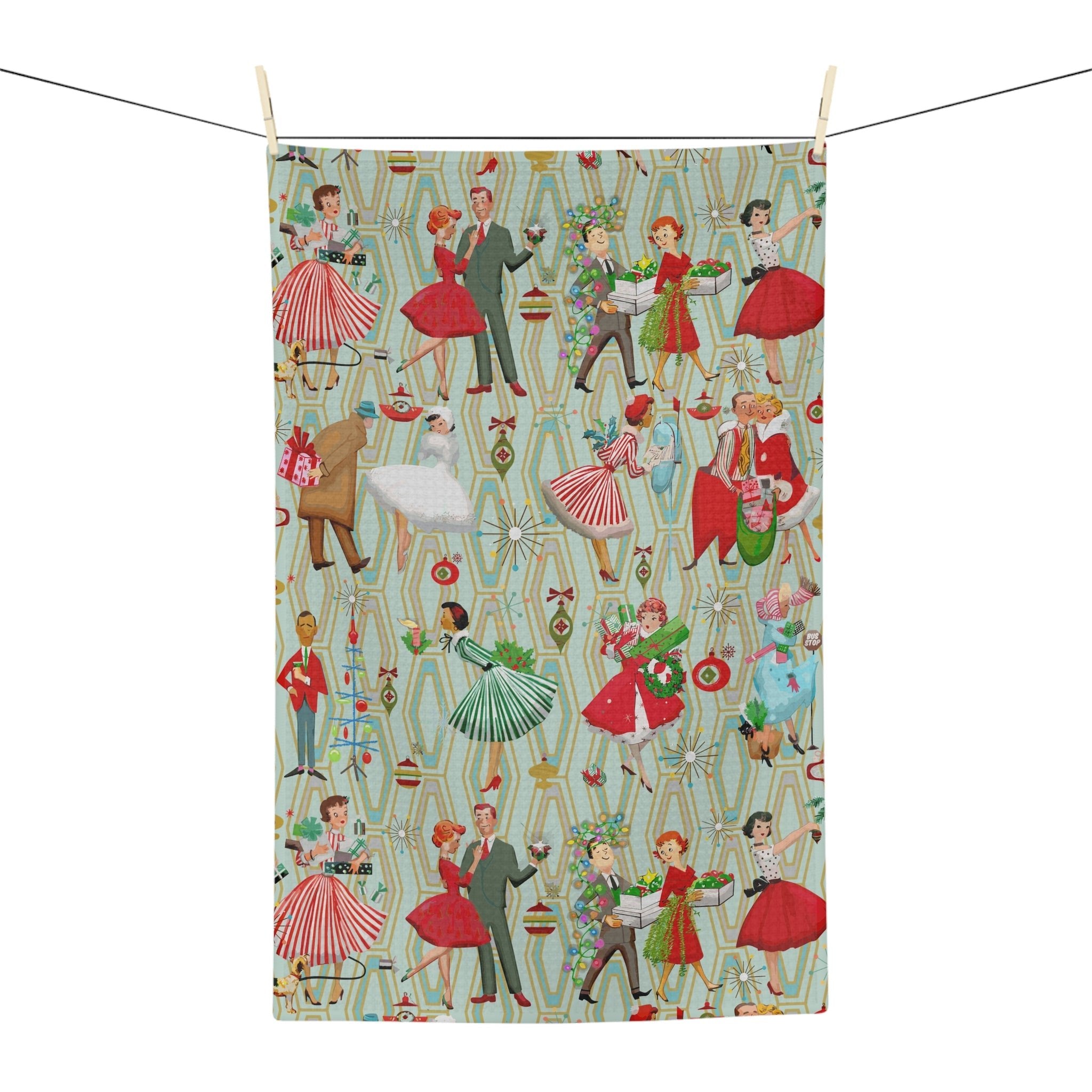 Kate McEnroe New York 50s Retro Vintage Christmas Tea Towel, Mid Century Modern Retro Green, Red, Women, Ladies, Housewives Kitchen Towel, Chef Gift - 132782823Tea Towels24887423114806505886