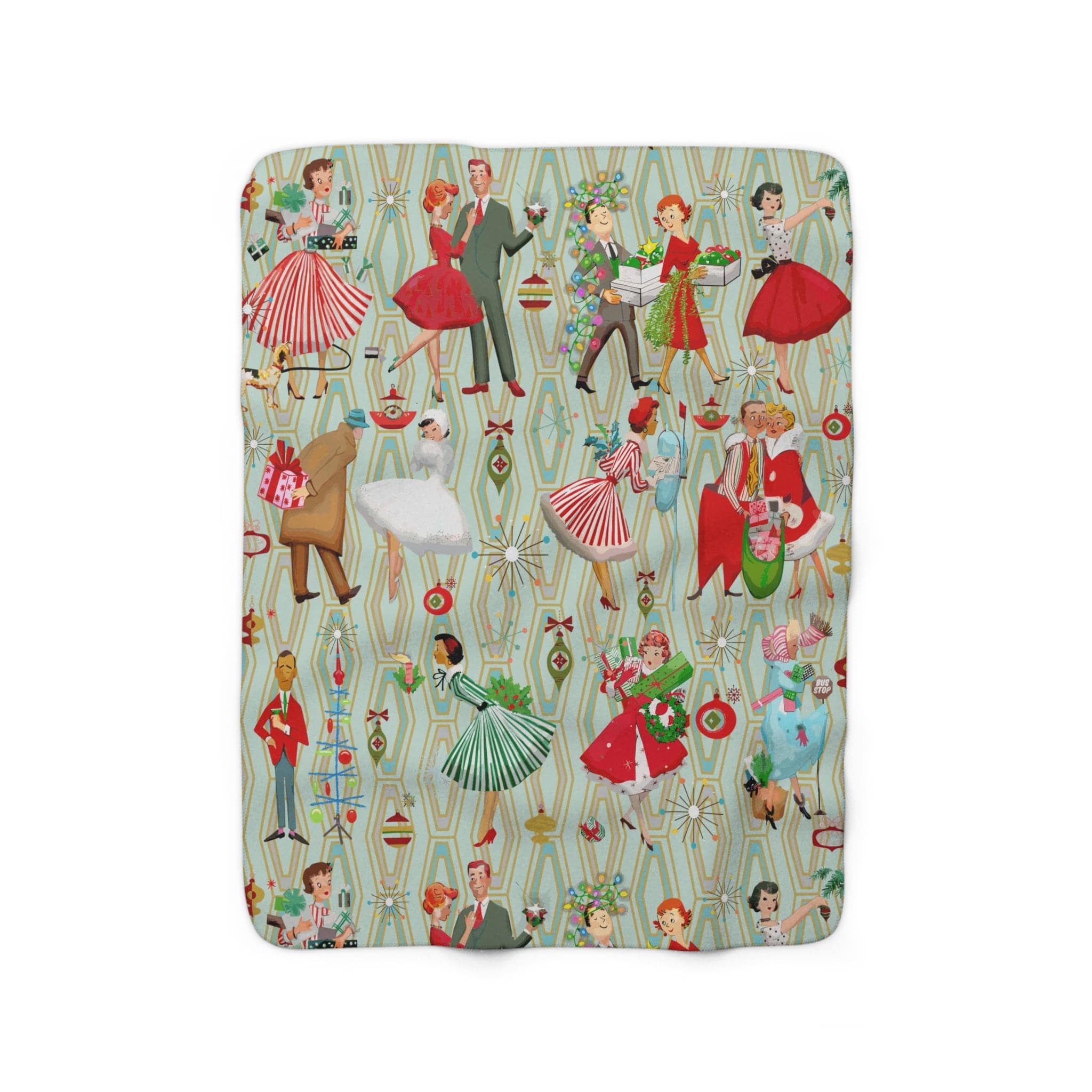 Kate McEnroe New York 50s Retro Vintage Mid Century Modern Women, Housewives, Couples in Christmas Setting Sherpa Fleece Blanket - 129382023Blankets15787163896903194341