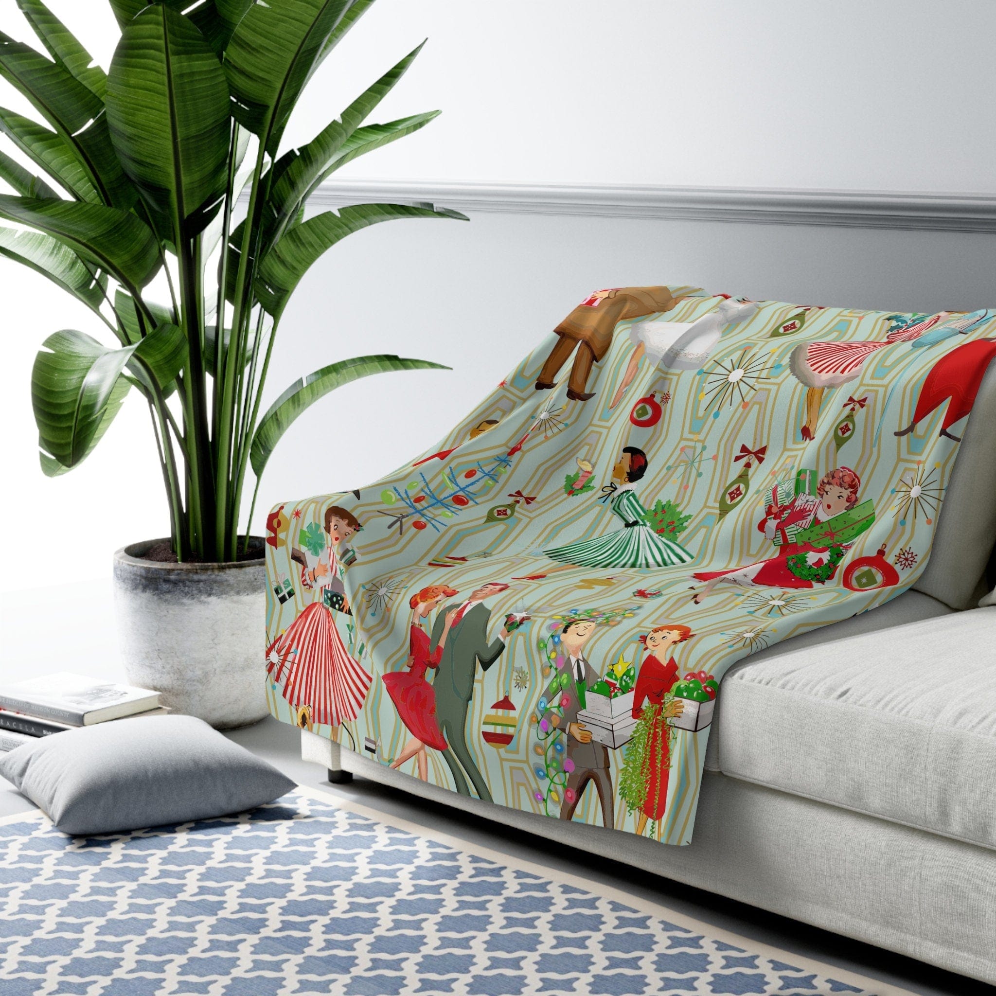 Kate McEnroe New York 50s Retro Vintage Mid Century Modern Women, Housewives, Couples in Christmas Setting Sherpa Fleece Blanket - 129382023Blankets15787163896903194341