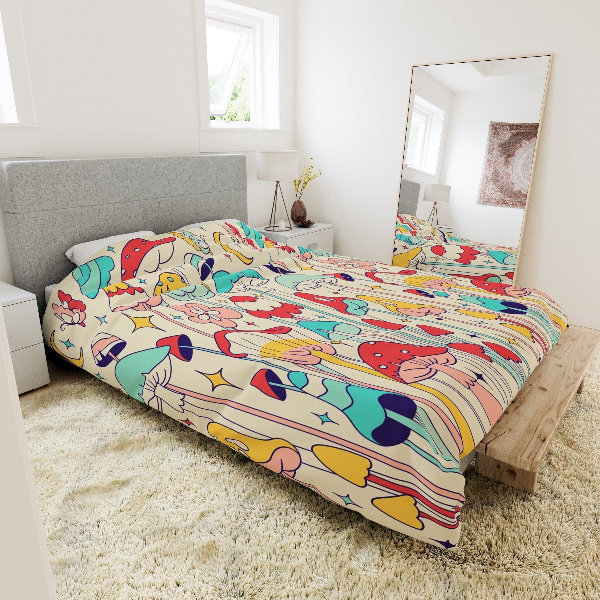 Kate McEnroe New York 60s, 70s Hippie Groovy Mushrooms Duvet Cover, Cottagecore Mushroom Queen, King, Twin, Twin XL Microfiber Bedding, Retro Mid Century Modern Duvet Covers