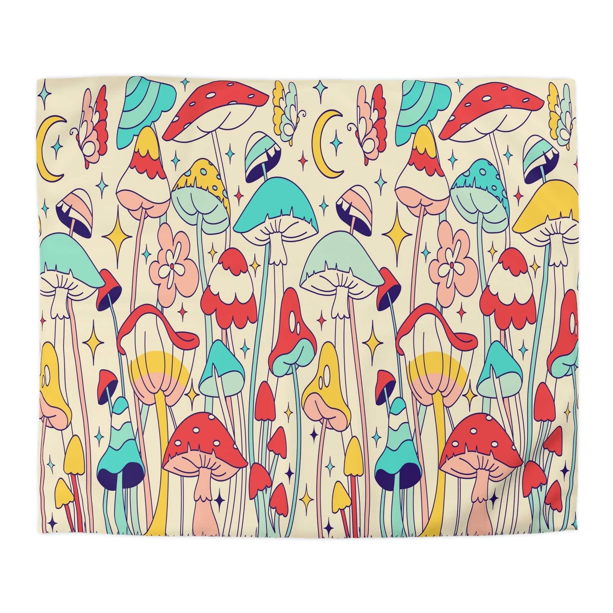 Kate McEnroe New York 60s, 70s Hippie Groovy Mushrooms Duvet Cover, Cottagecore Mushroom Queen, King, Twin, Twin XL Microfiber Bedding, Retro Mid Century ModernDuvet Covers22785953152407499896