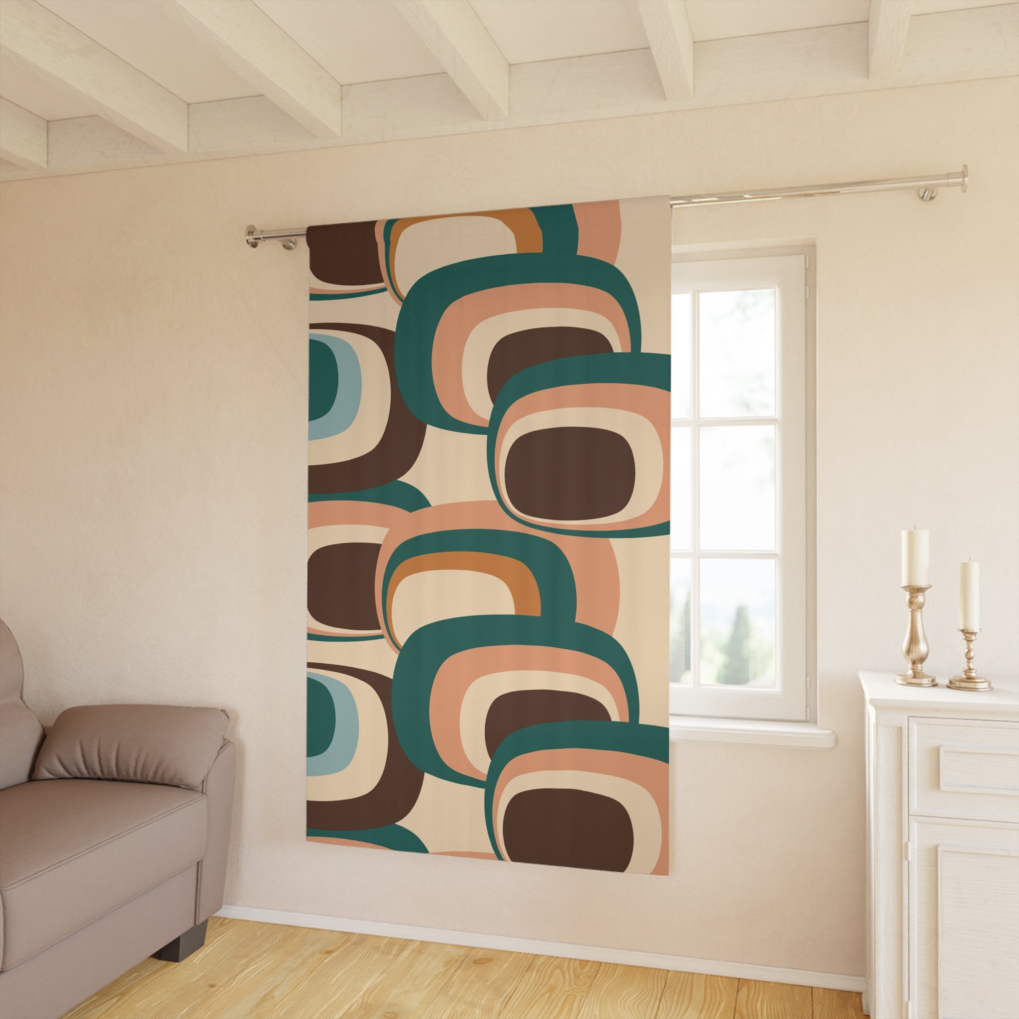 Kate McEnroe New York 60s, 70s Mid Century Modern Retro Geometric Window Curtains, Green, Blue, Brown, Beige MCM Curtain Panels, Living Room, Bedroom Drapes GiftsWindow Curtains42429308544777288697