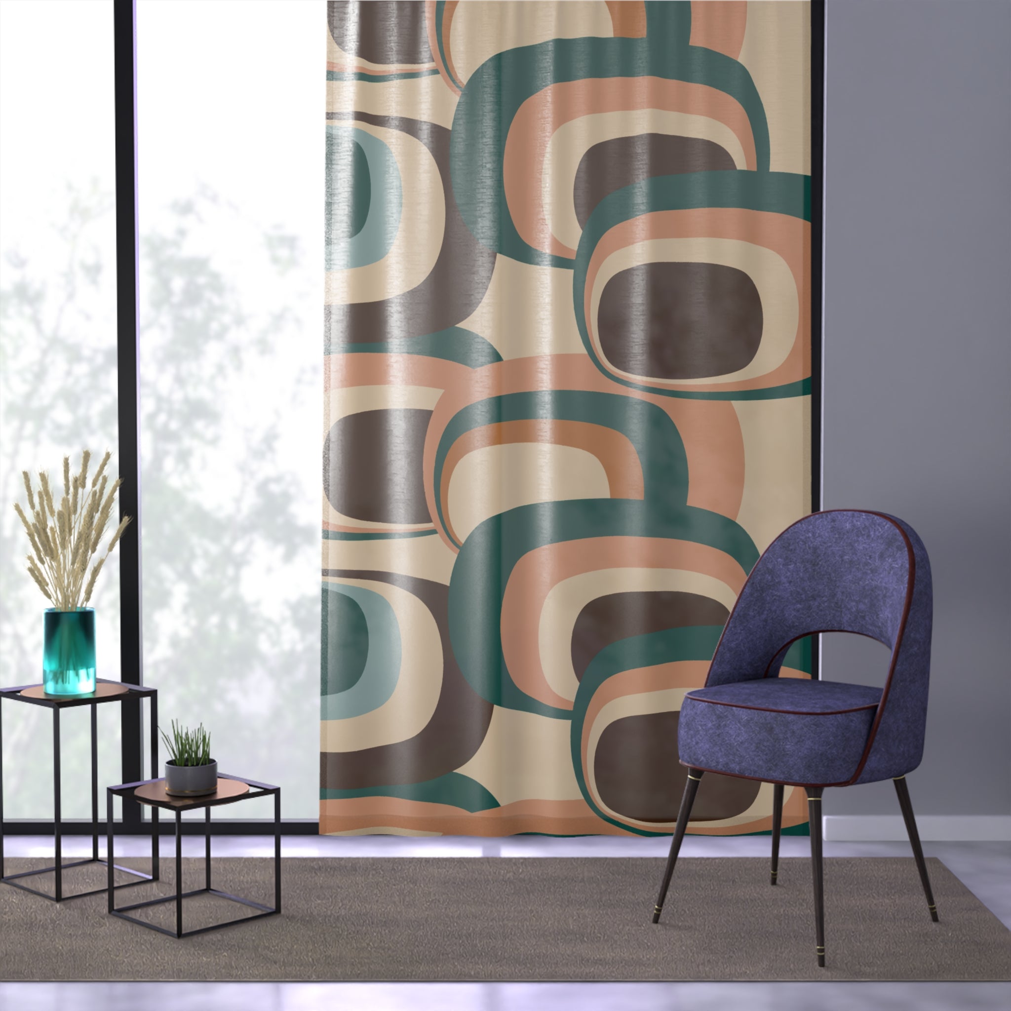 Kate McEnroe New York 60s, 70s Mid Century Modern Retro Geometric Window Curtains, Green, Blue, Brown, Beige MCM Curtain Panels, Living Room, Bedroom Drapes GiftsWindow Curtains42429308544777288697