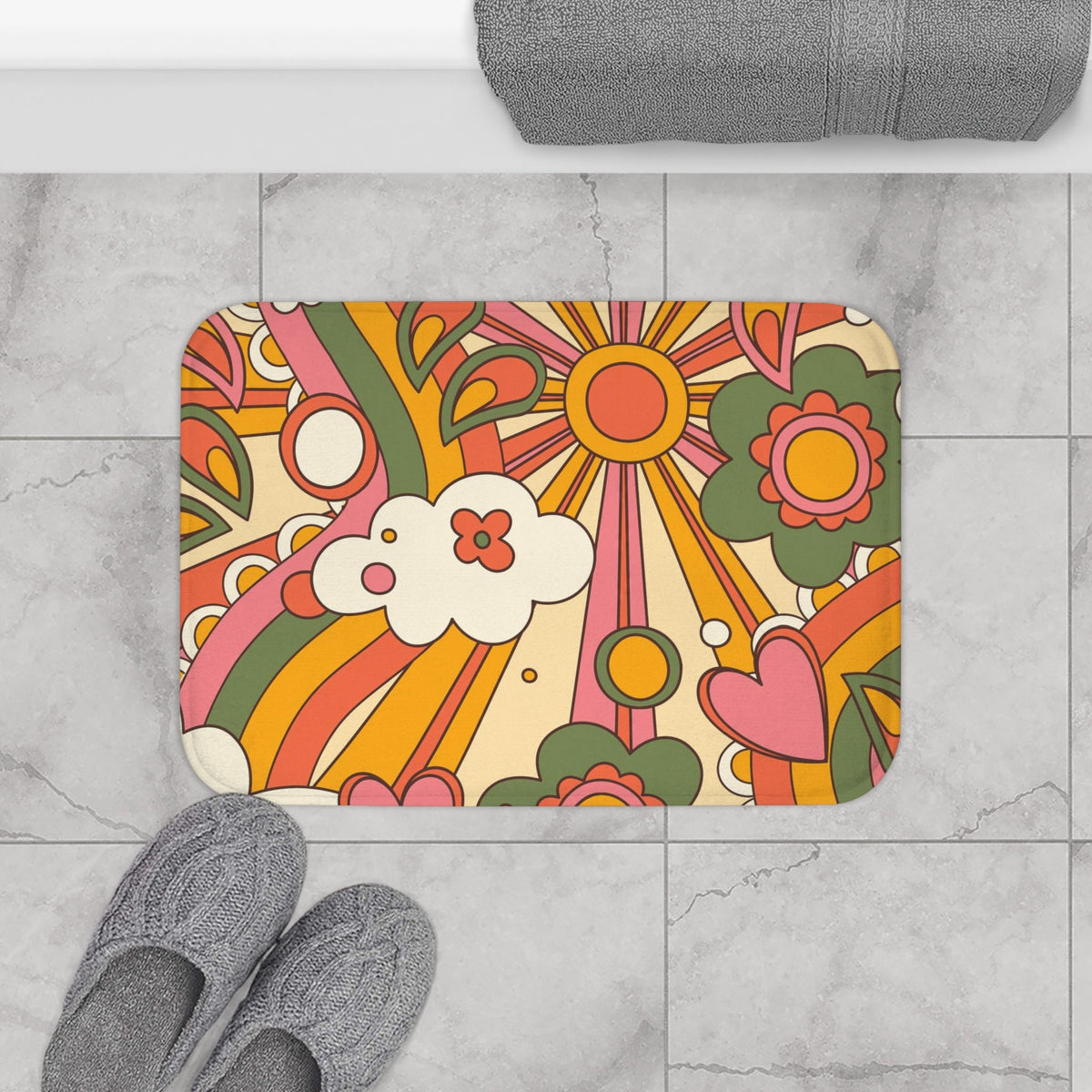 Kate McEnroe New York 70s Groovy Hippie Retro Sunshine Bath Mat, Mid Mod Flower Power Bathroom Rug, Funky Hipster Mid Century Modern Bathroom DecorBath Mats99544262741279746754