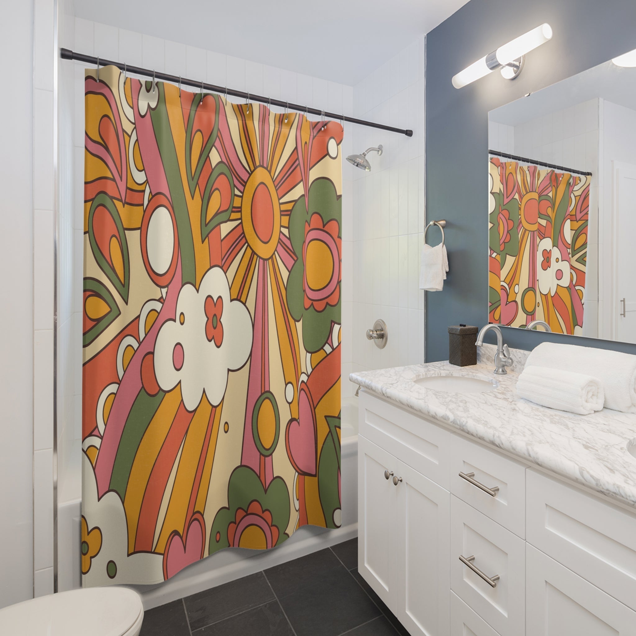 Kate McEnroe New York 70s Groovy Sunshine Shower Curtain, Retro Hippie Mid Century Modern Floral Bathroom DecorShower Curtains29943205852306519180