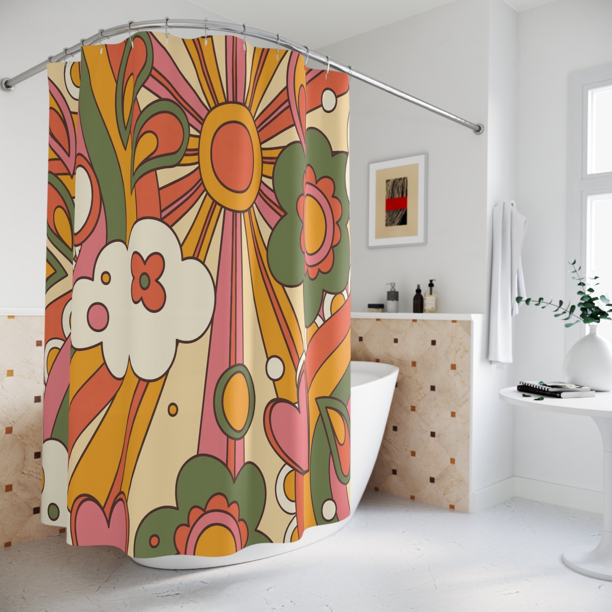 Kate McEnroe New York 70s Groovy Sunshine Shower Curtain, Retro Hippie Mid Century Modern Floral Bathroom DecorShower Curtains29943205852306519180