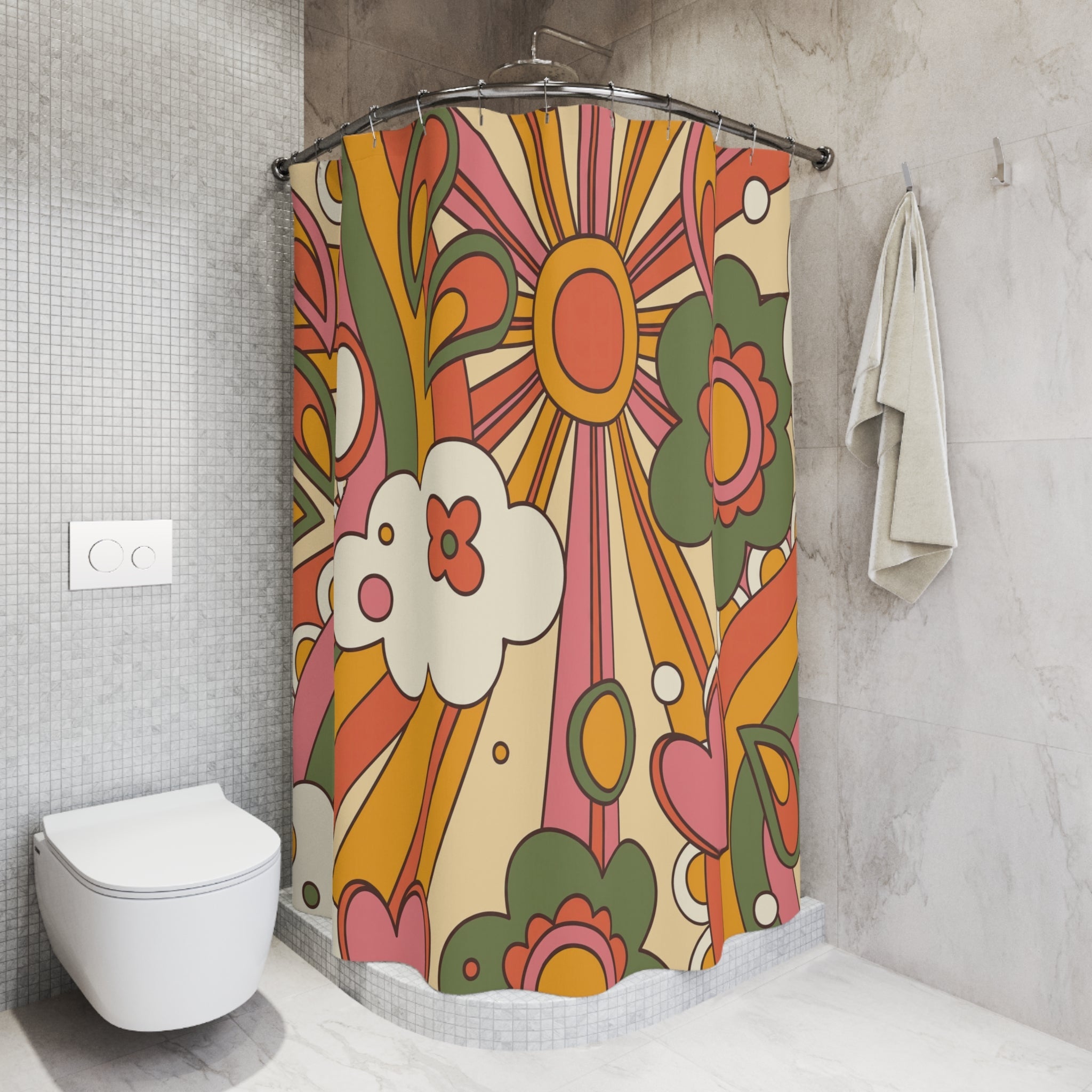 Kate McEnroe New York 70s Groovy Sunshine Shower Curtain, Retro Hippie Mid Century Modern Floral Bathroom DecorShower Curtains29943205852306519180