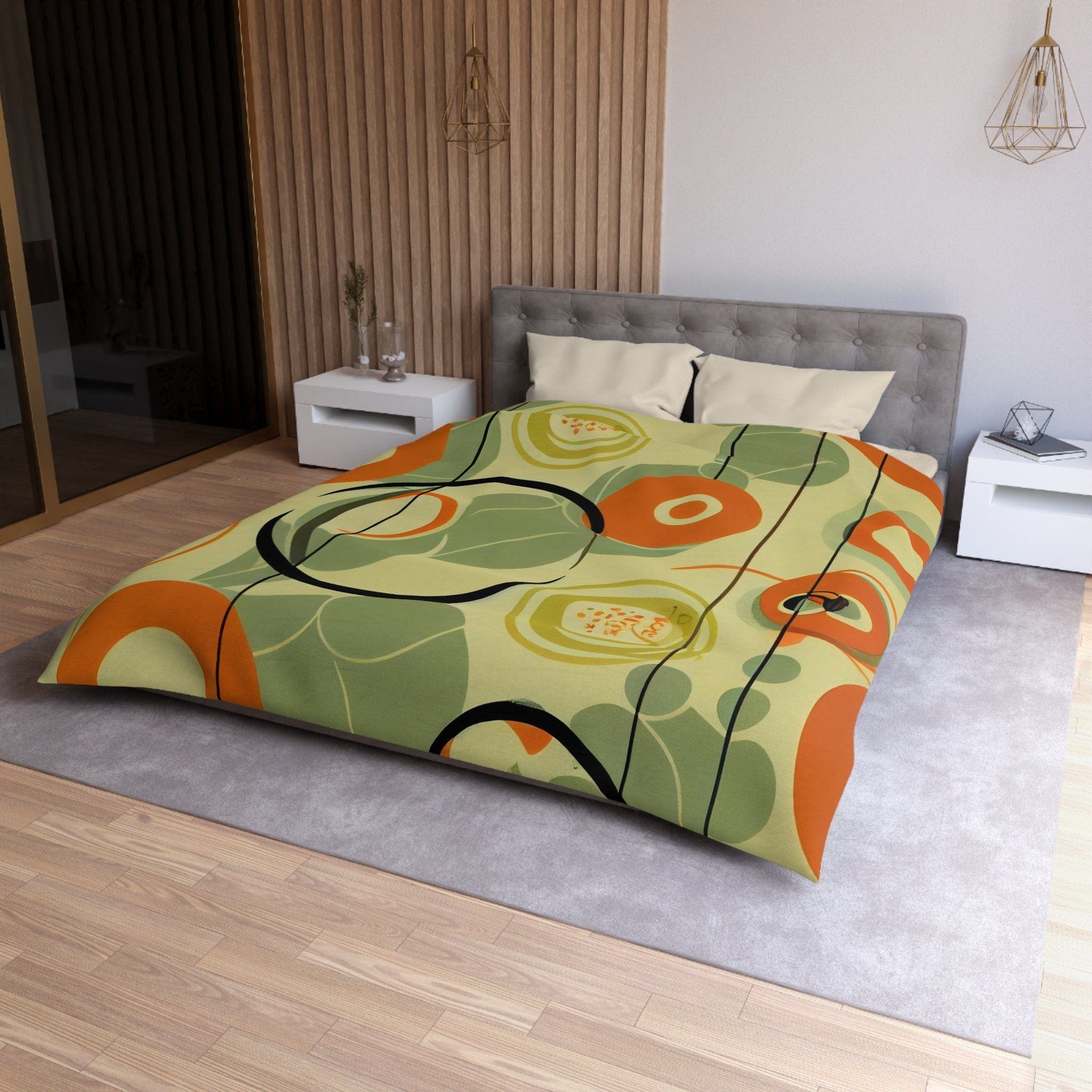Kate McEnroe New York 70s Mod Abstract Geometric Duvet Cover, Burnt Orange and Green Mid Century Style, Queen, King, Twin, Twin XL Bedding - KM13829923Duvet Covers30652507126637710229