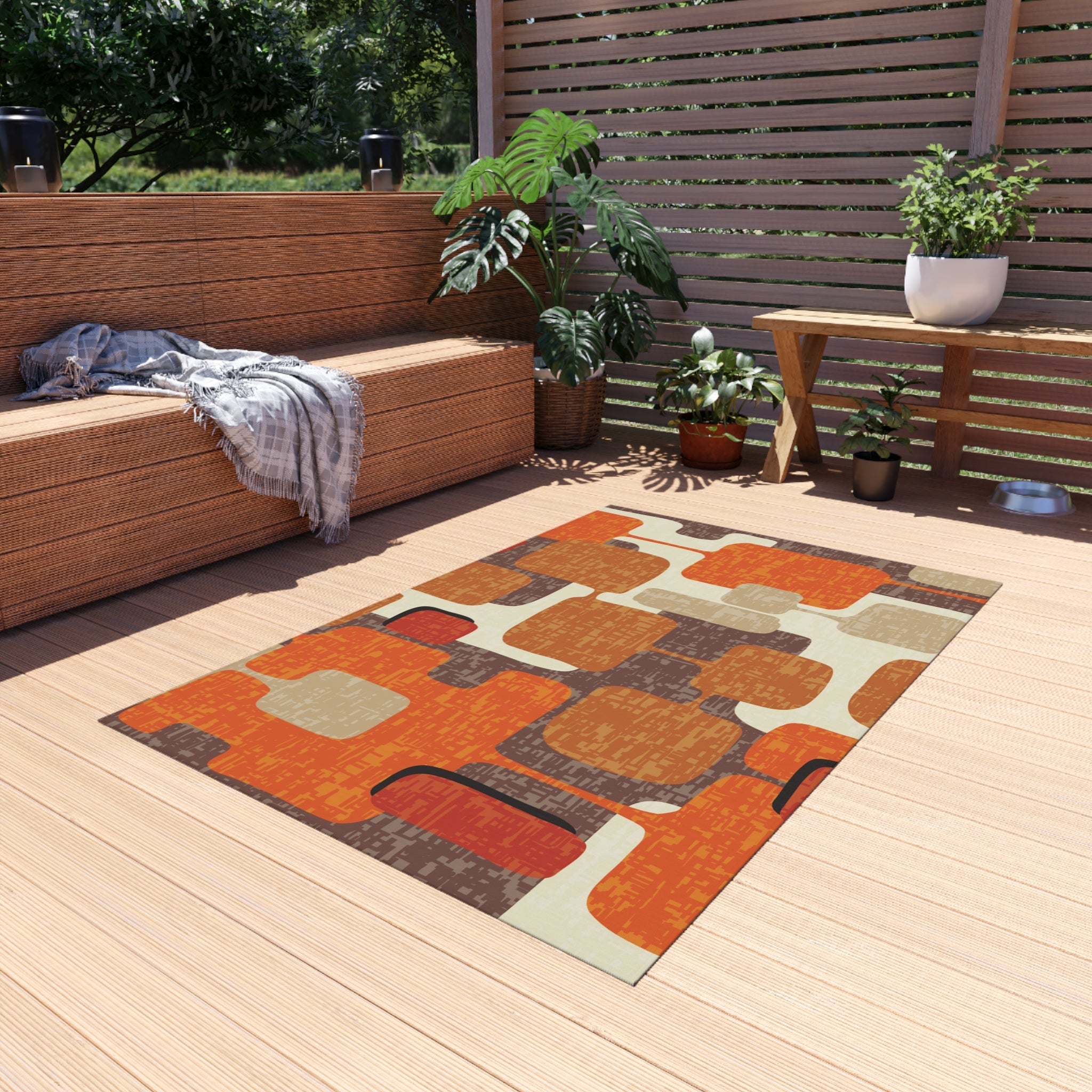 Kate McEnroe New York 70s Retro Burnt Orange, Earthy Brown and Cream Geometric Mid Century Modern Indoor/Outdoor Patio & Porch Area RugRugs18754762843868283062