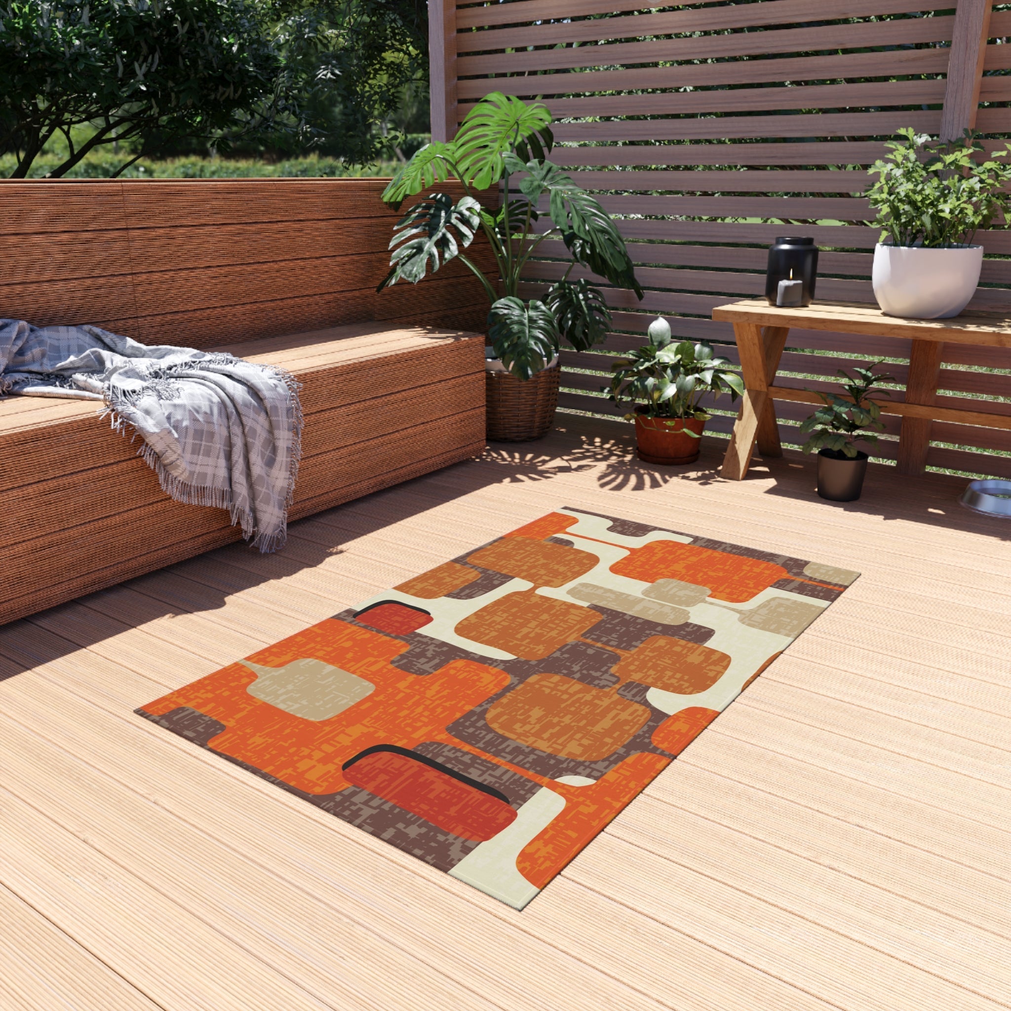 Kate McEnroe New York 70s Retro Burnt Orange, Earthy Brown and Cream Geometric Mid Century Modern Indoor/Outdoor Patio & Porch Area RugRugs22639043046291694129