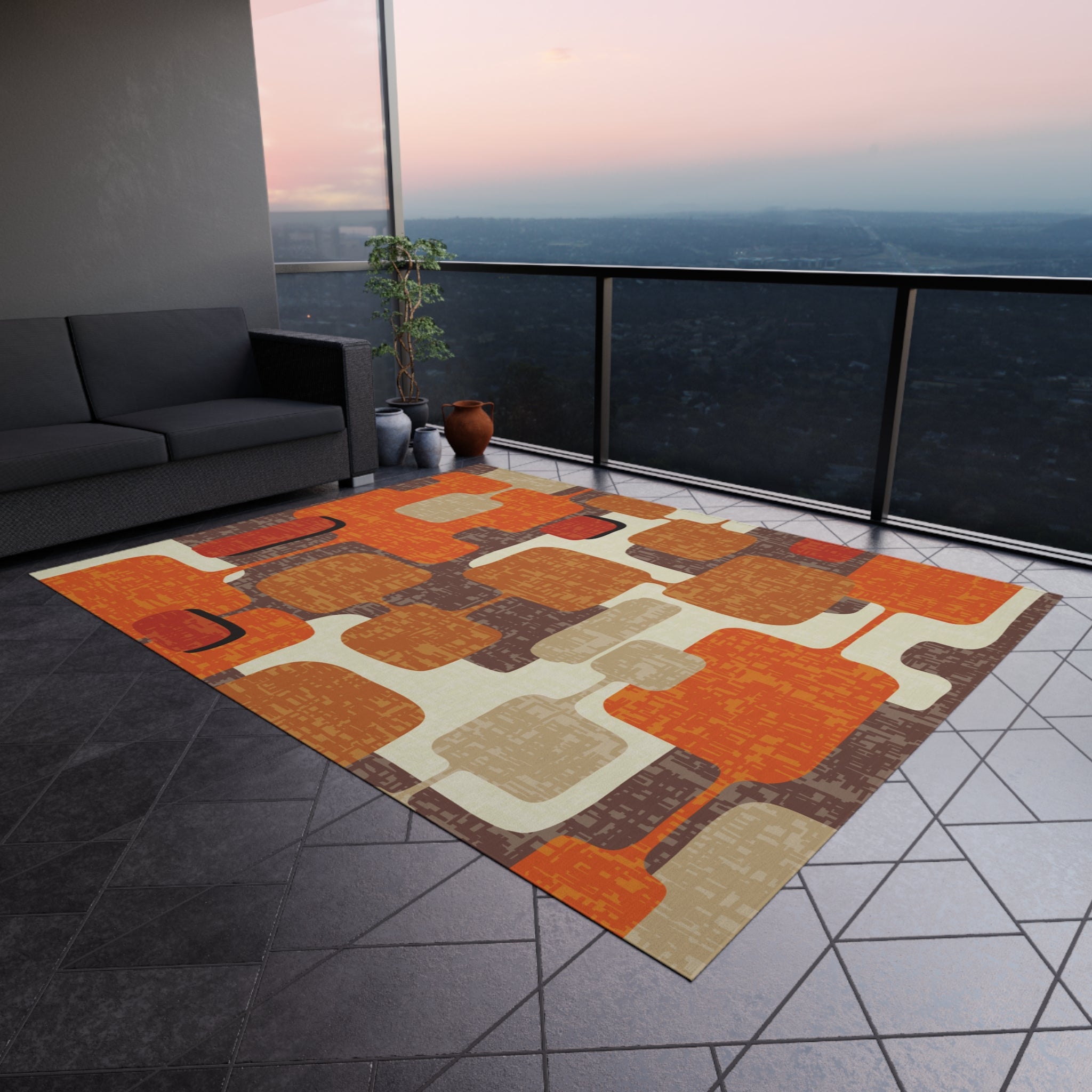Kate McEnroe New York 70s Retro Burnt Orange, Earthy Brown and Cream Geometric Mid Century Modern Indoor/Outdoor Patio & Porch Area RugRugs25669008431023338232