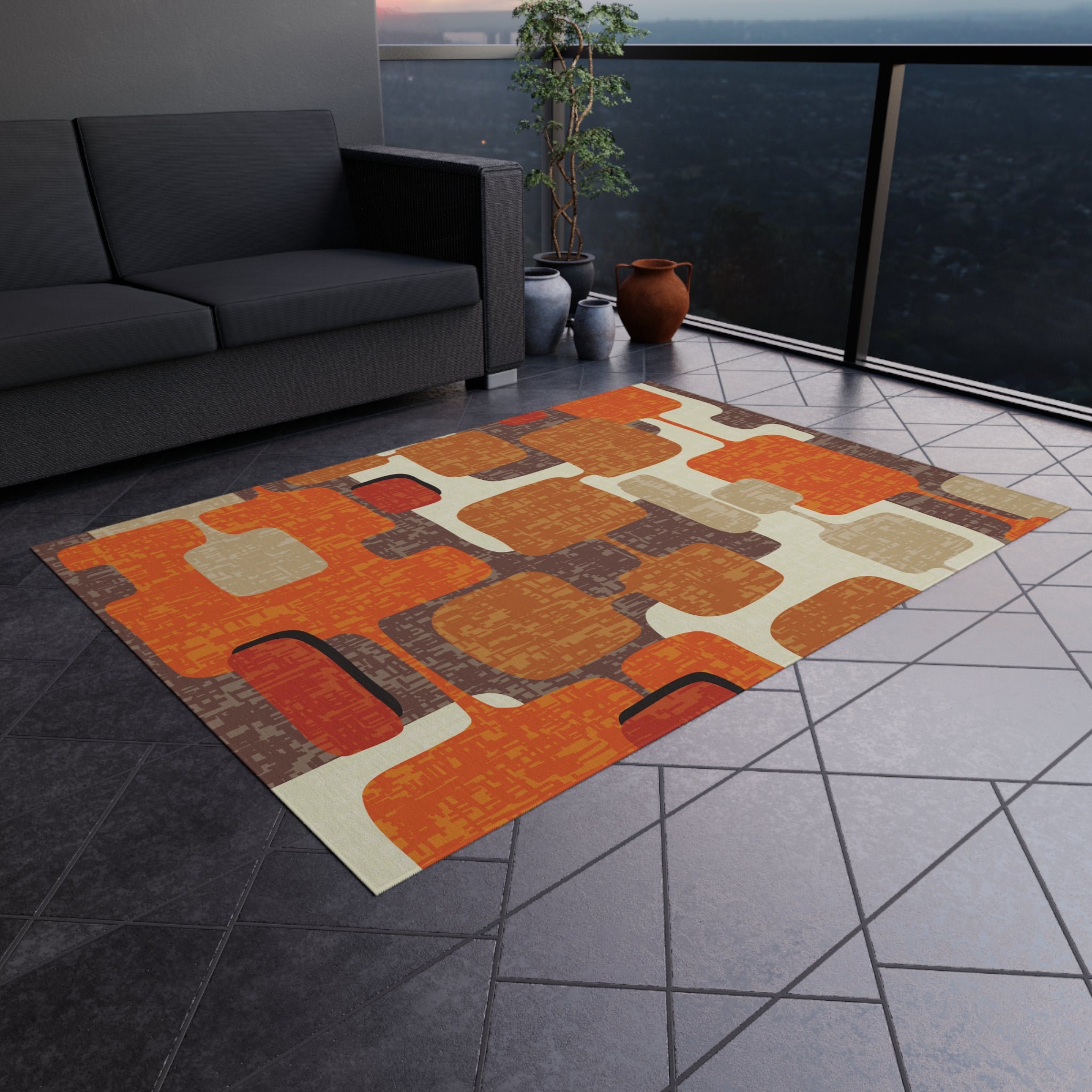 Kate McEnroe New York 70s Retro Burnt Orange, Earthy Brown and Cream Geometric Mid Century Modern Indoor/Outdoor Patio & Porch Area RugRugs25669008431023338232