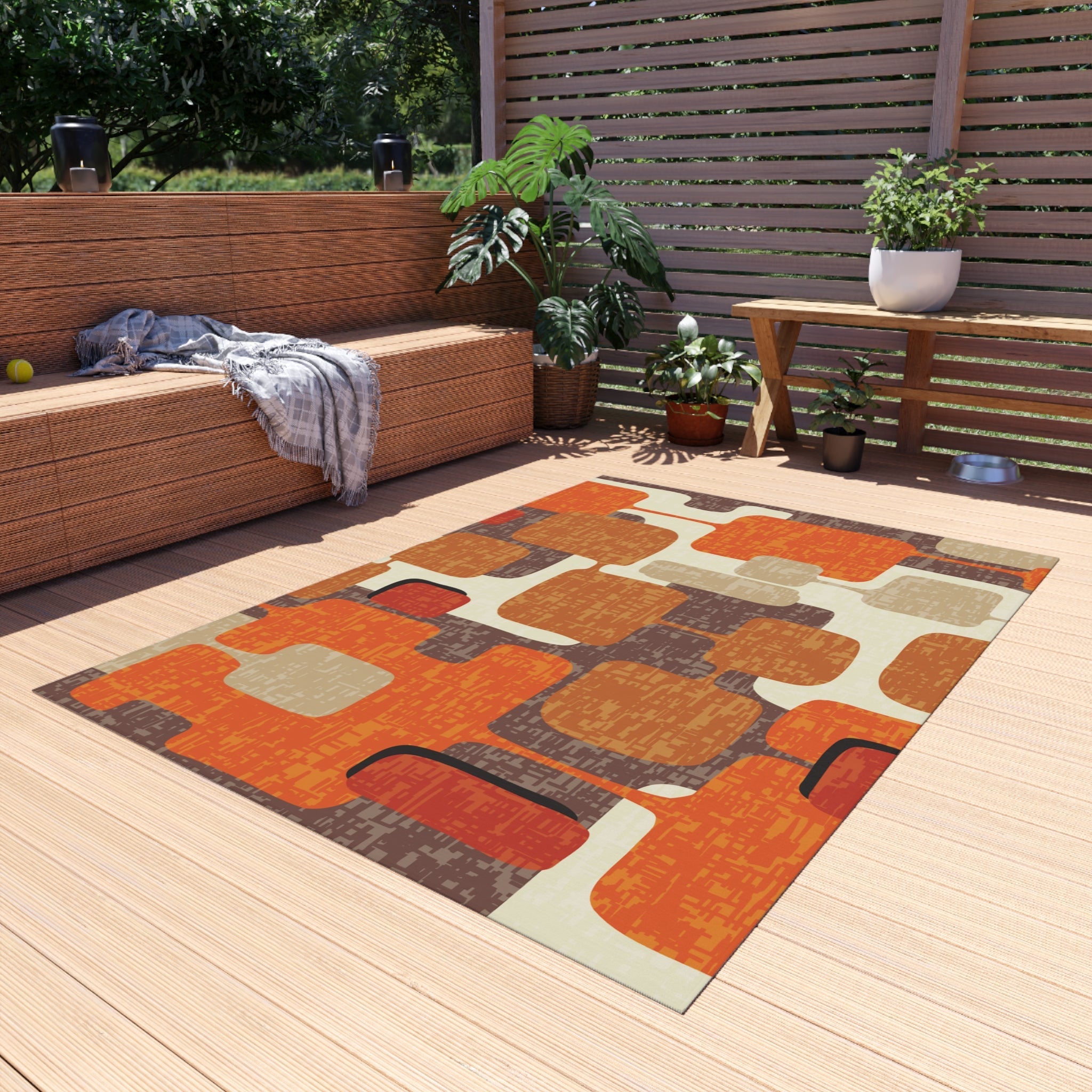Kate McEnroe New York 70s Retro Burnt Orange, Earthy Brown and Cream Geometric Mid Century Modern Indoor/Outdoor Patio & Porch Area RugRugs25669008431023338232