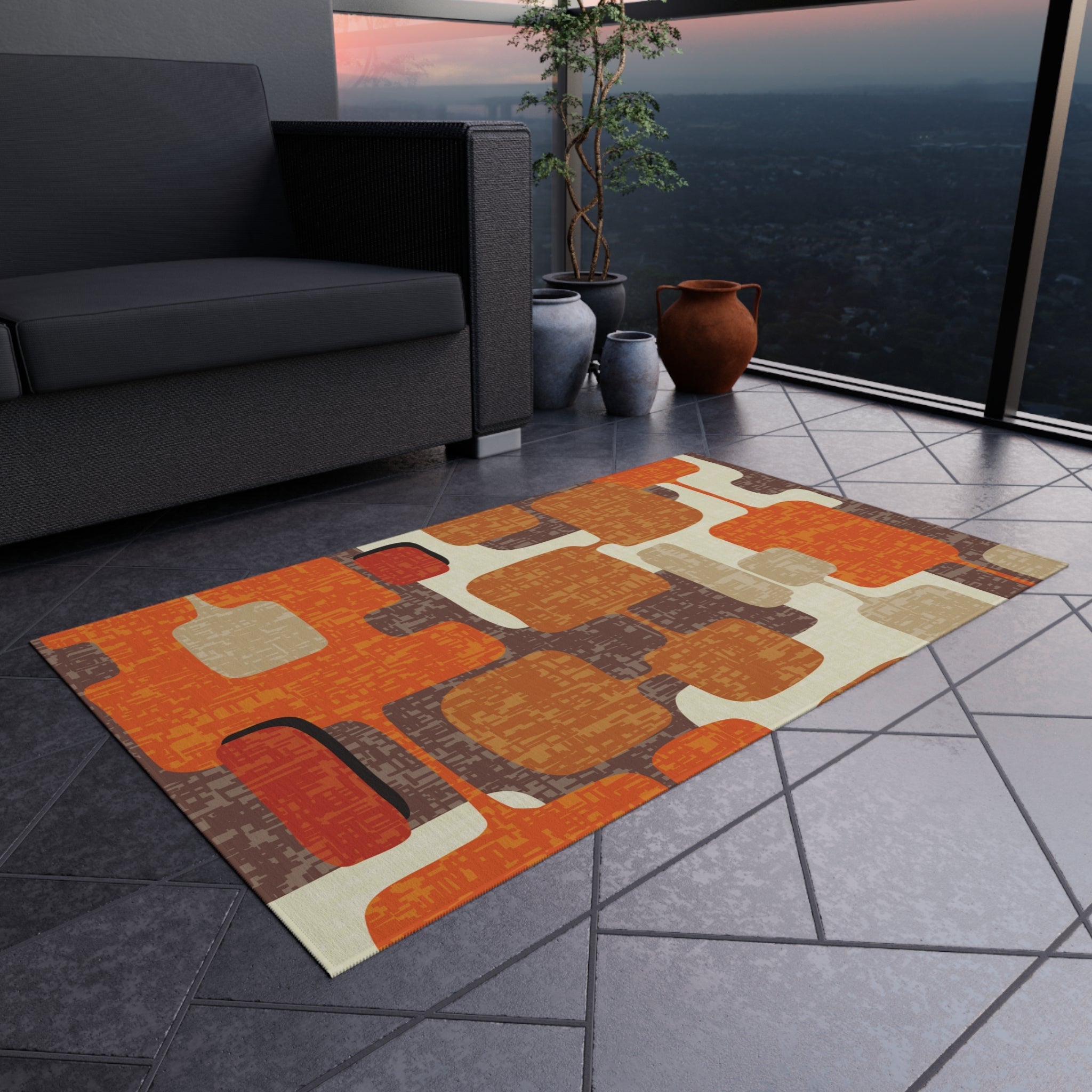 Kate McEnroe New York 70s Retro Burnt Orange, Earthy Brown and Cream Geometric Mid Century Modern Indoor/Outdoor Patio & Porch Area RugRugs25669008431023338232