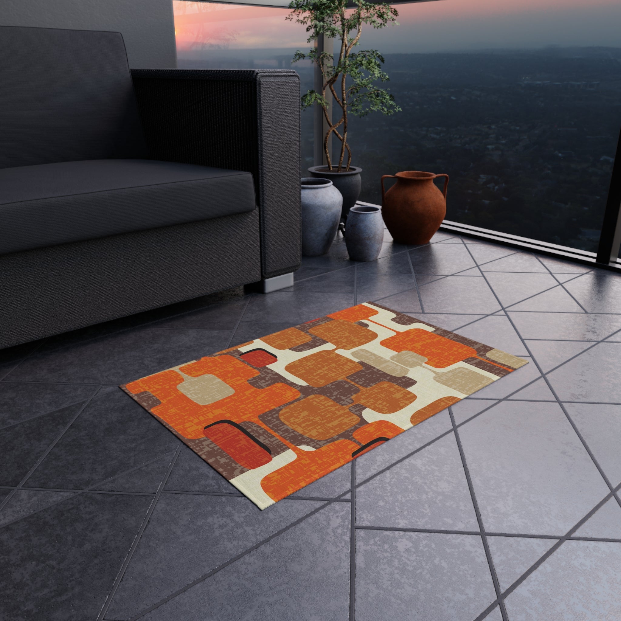 Kate McEnroe New York 70s Retro Burnt Orange, Earthy Brown and Cream Geometric Mid Century Modern Indoor/Outdoor Patio & Porch Area RugRugs25669008431023338232