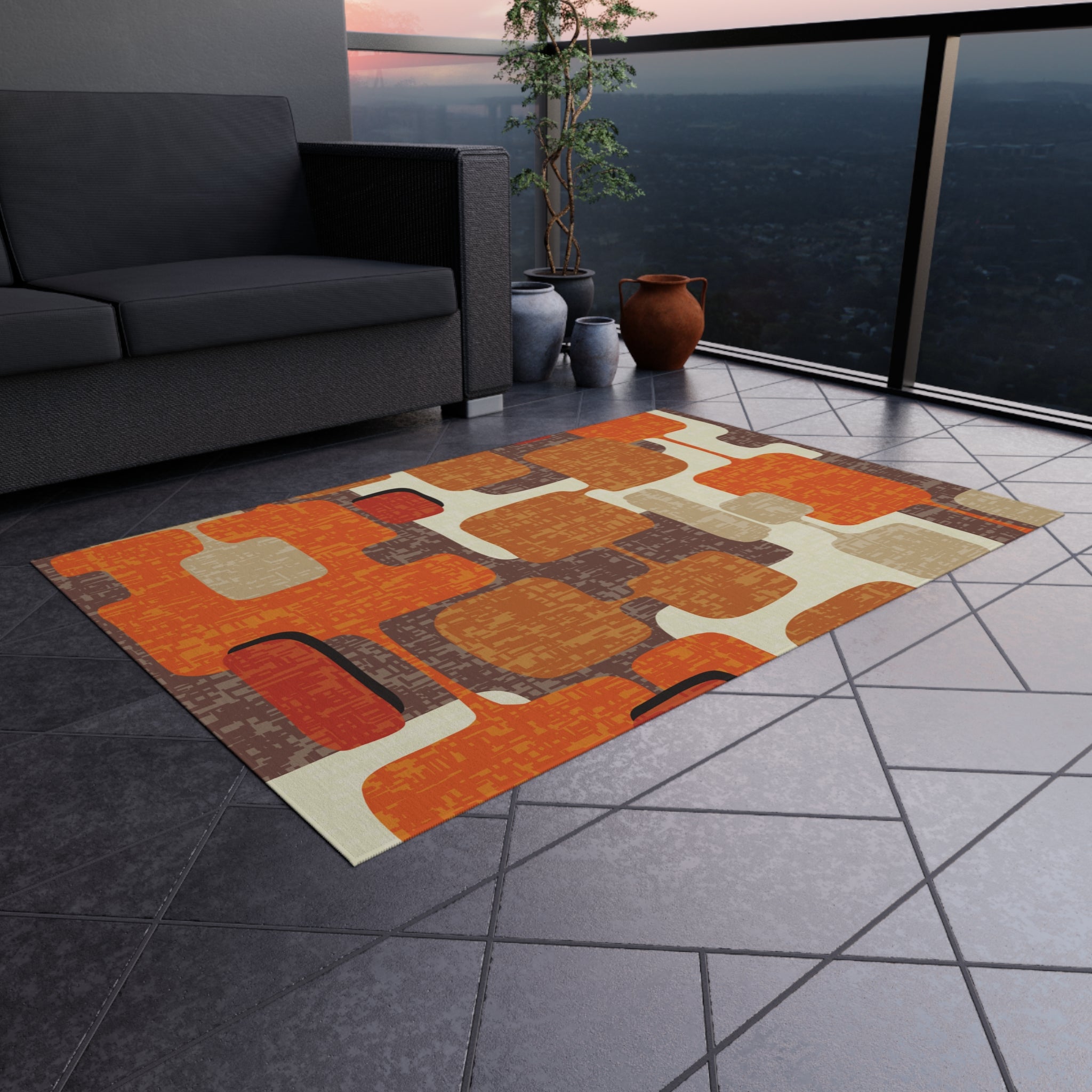 Kate McEnroe New York 70s Retro Burnt Orange, Earthy Brown and Cream Geometric Mid Century Modern Indoor/Outdoor Patio & Porch Area RugRugs25669008431023338232