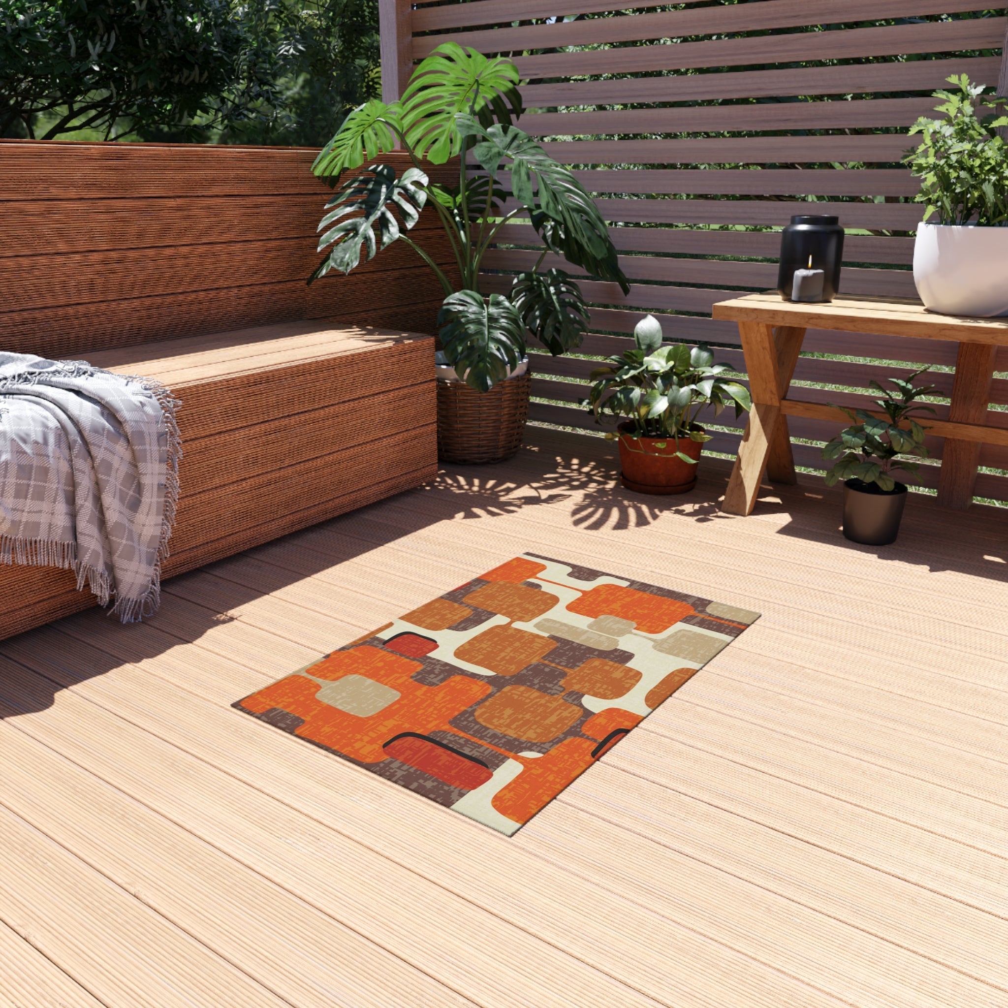 Kate McEnroe New York 70s Retro Burnt Orange, Earthy Brown and Cream Geometric Mid Century Modern Indoor/Outdoor Patio & Porch Area RugRugs32635675126729028600