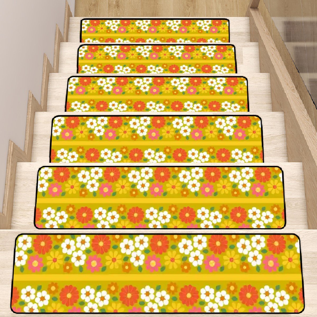 Kate McEnroe New York 70s Retro Floral Stair Treads, Mid Century Modern Daisy Non - Slip Carpet Strips, Vintage Groovy Flower Step CoversStair TreadsfyEGSkOsFT