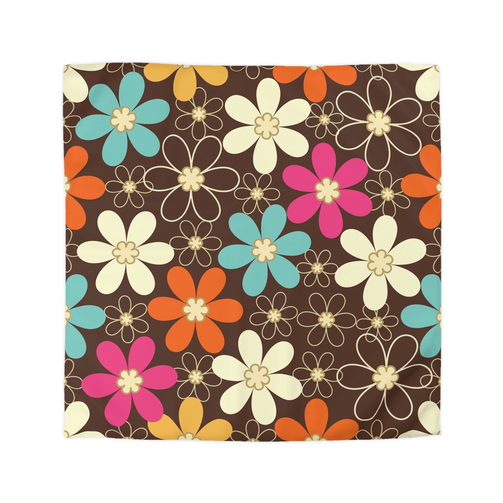 Kate McEnroe New York 70s Retro Groovy Hippie Flower Power Duvet Cover, Mid Century Modern Teal, Orange, Pink, Chocolate Floral BeddingDuvet Covers20077346228804139289