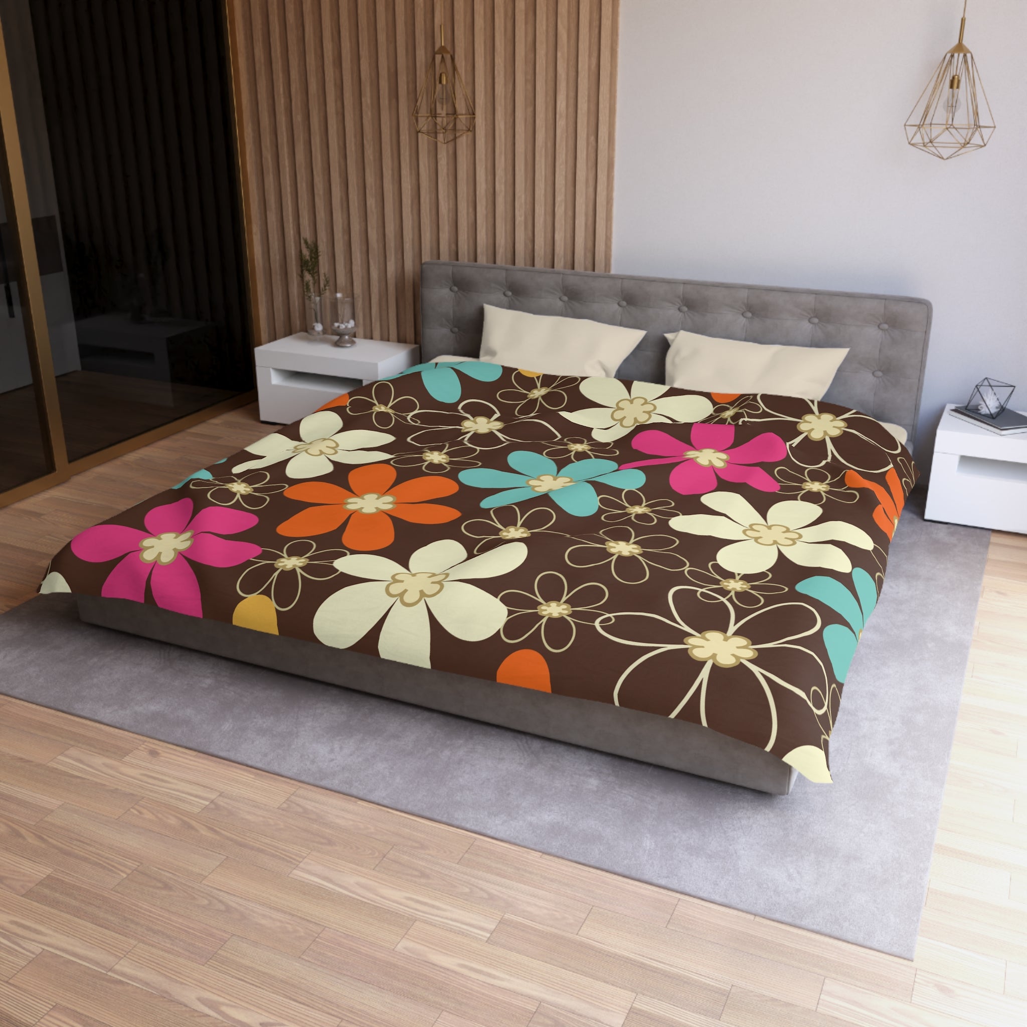 Kate McEnroe New York 70s Retro Groovy Hippie Flower Power Duvet Cover, Mid Century Modern Teal, Orange, Pink, Chocolate Floral BeddingDuvet Covers23035258735268195310