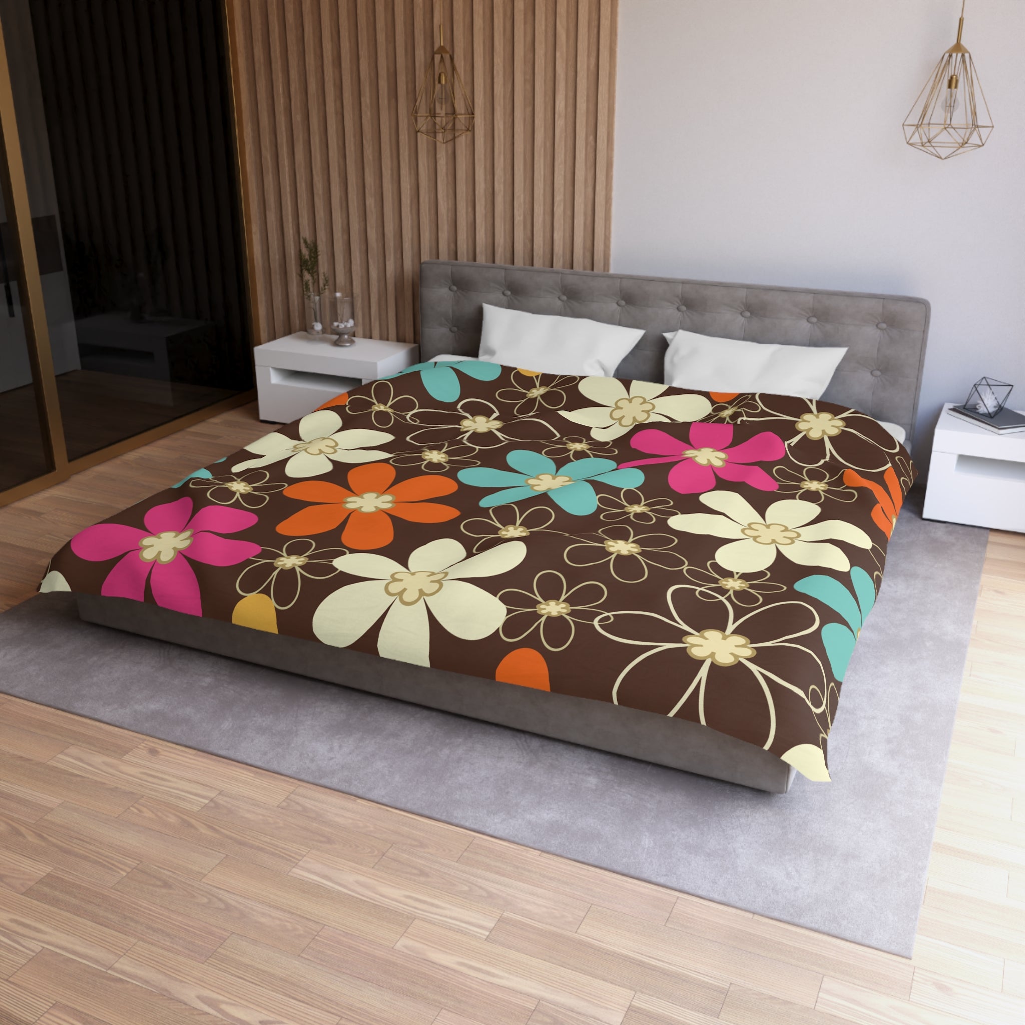 Kate McEnroe New York 70s Retro Groovy Hippie Flower Power Duvet Cover, Mid Century Modern Teal, Orange, Pink, Chocolate Floral BeddingDuvet Covers23035258735268195310