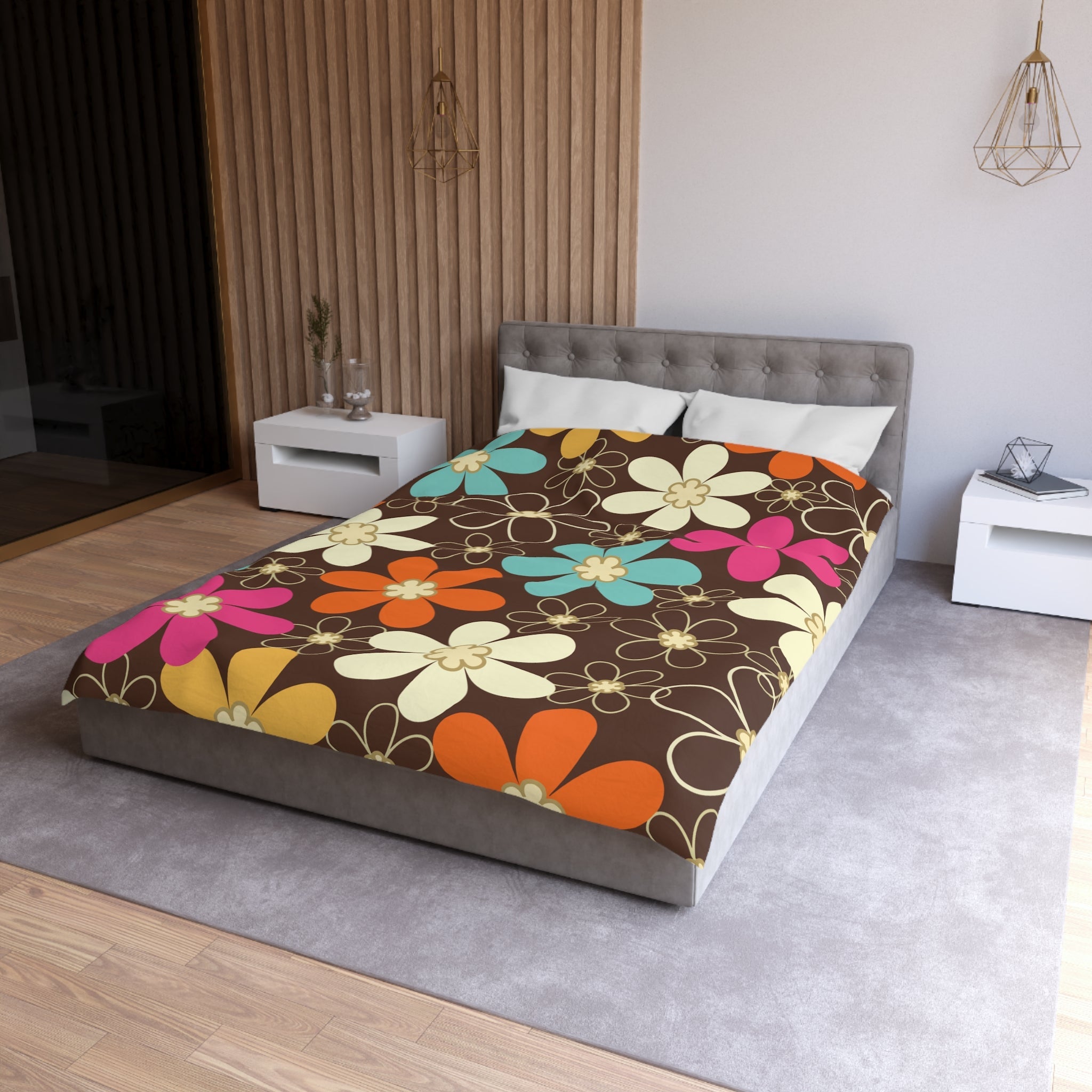 Kate McEnroe New York 70s Retro Groovy Hippie Flower Power Duvet Cover, Mid Century Modern Teal, Orange, Pink, Chocolate Floral BeddingDuvet Covers23035258735268195310