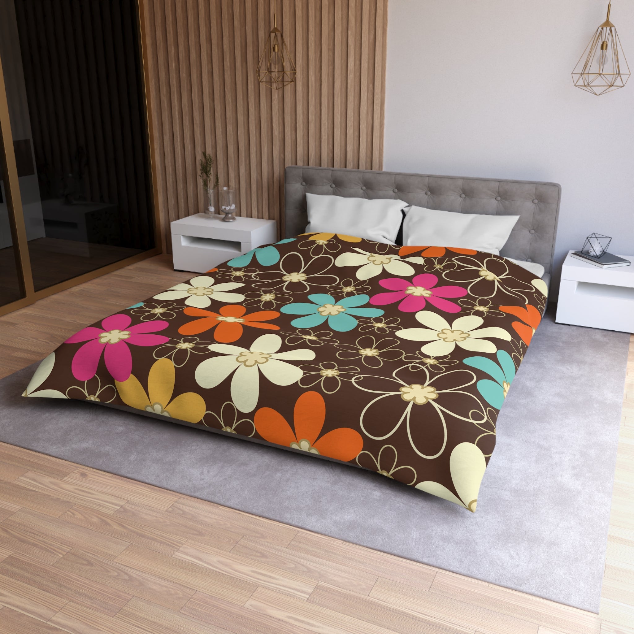 Kate McEnroe New York 70s Retro Groovy Hippie Flower Power Duvet Cover, Mid Century Modern Teal, Orange, Pink, Chocolate Floral BeddingDuvet Covers23035258735268195310