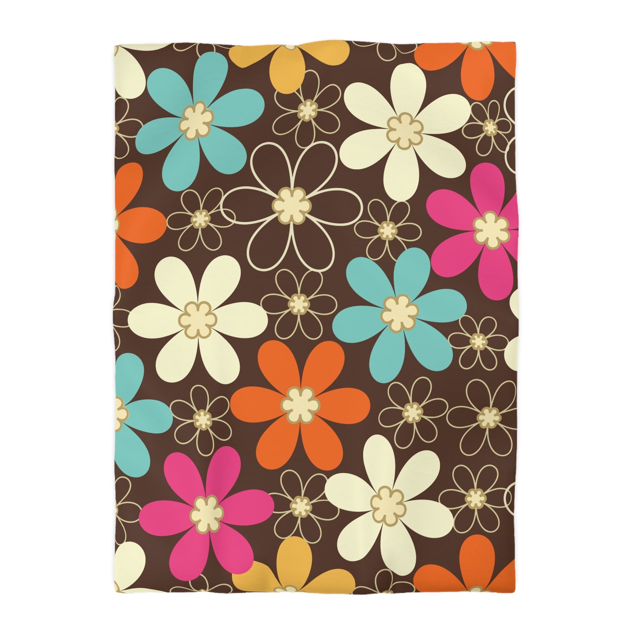 Kate McEnroe New York 70s Retro Groovy Hippie Flower Power Duvet Cover, Mid Century Modern Teal, Orange, Pink, Chocolate Floral BeddingDuvet Covers25085891392198197883