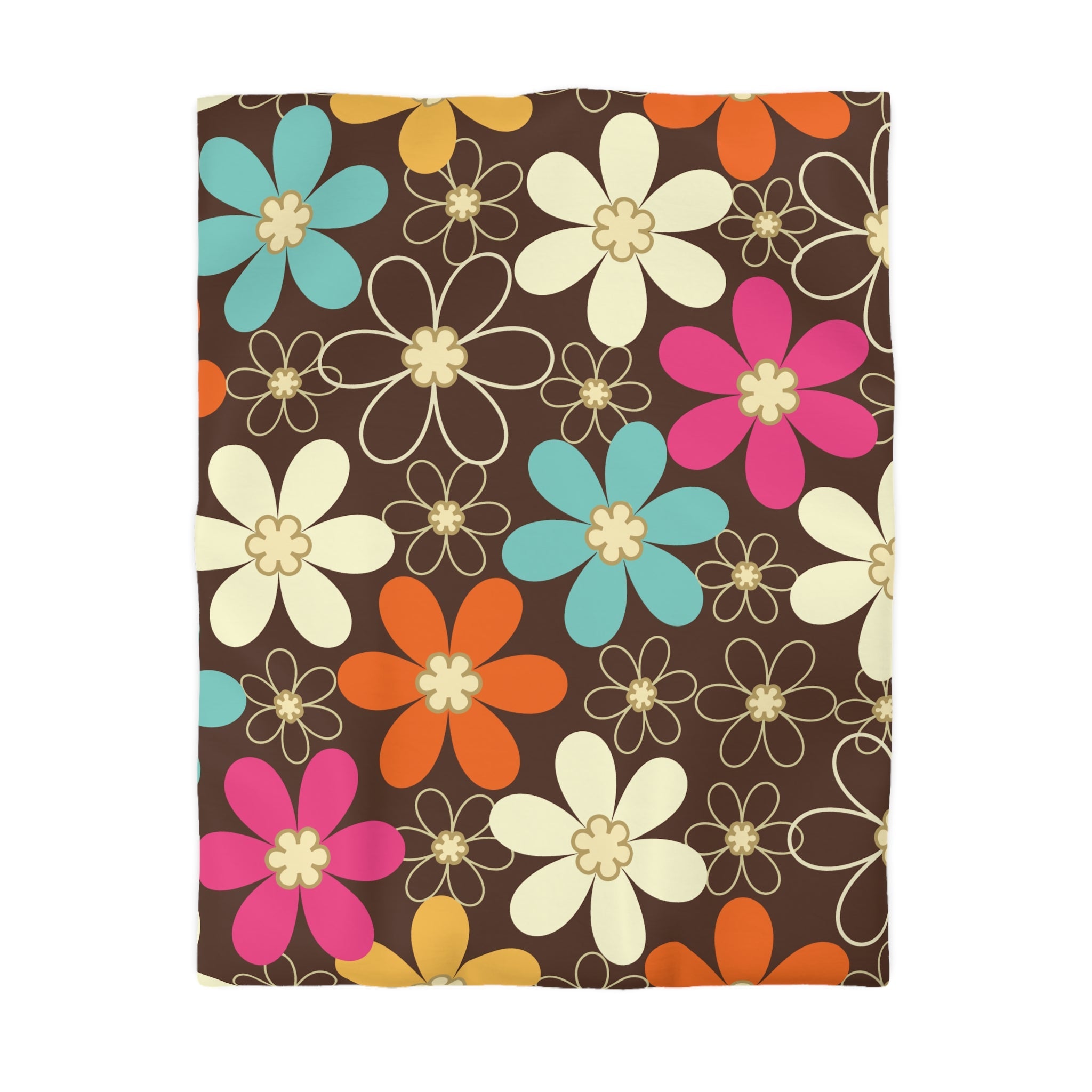 Kate McEnroe New York 70s Retro Groovy Hippie Flower Power Duvet Cover, Mid Century Modern Teal, Orange, Pink, Chocolate Floral BeddingDuvet Covers25788539543082827595