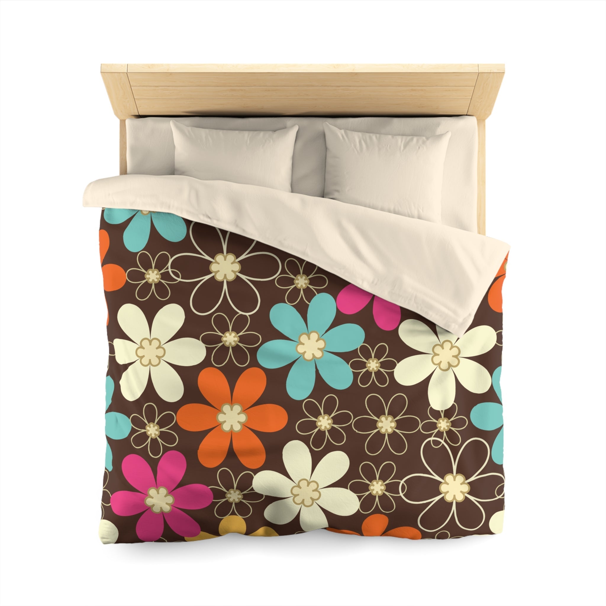 Kate McEnroe New York 70s Retro Groovy Hippie Flower Power Duvet Cover, Mid Century Modern Teal, Orange, Pink, Chocolate Floral BeddingDuvet Covers52137592890885430004
