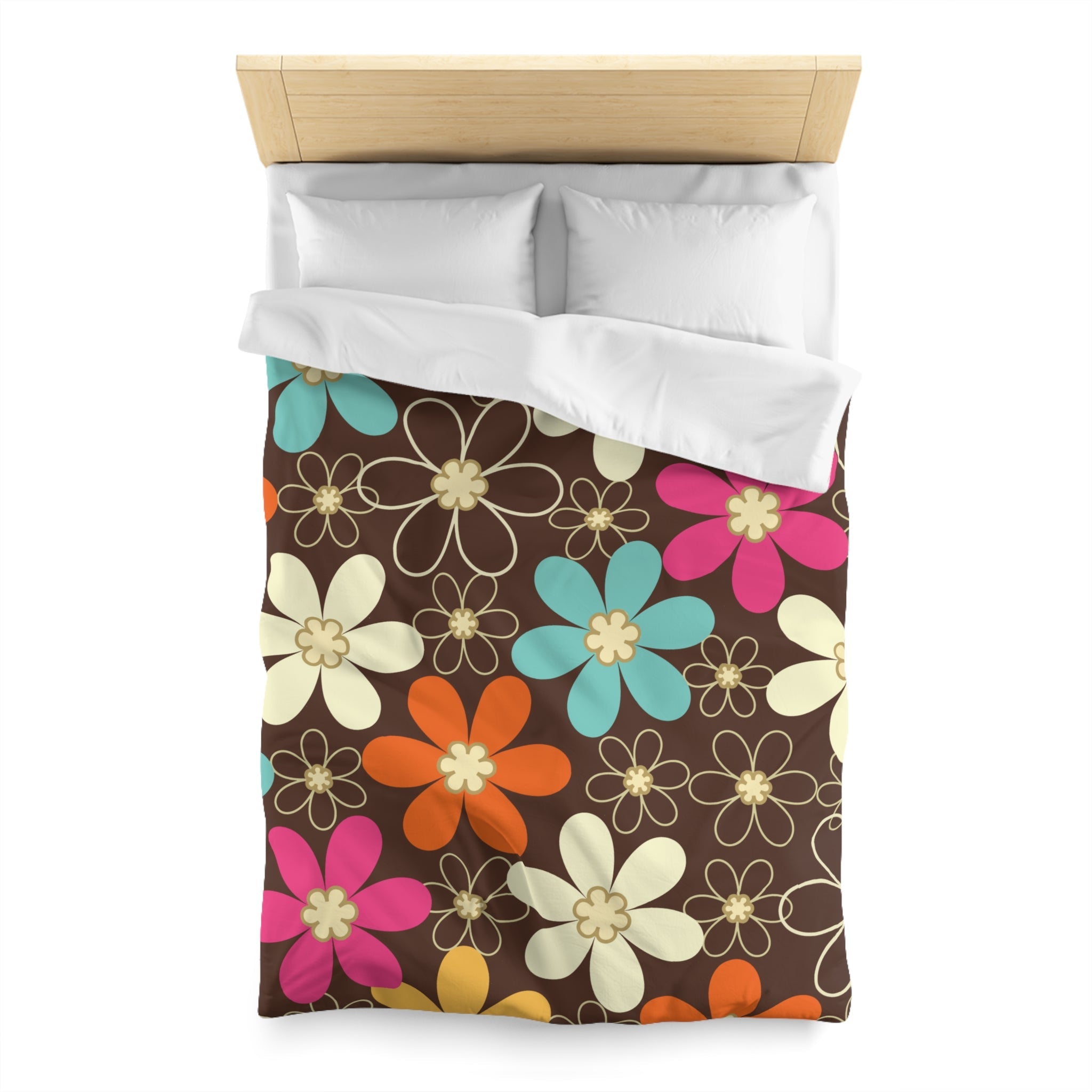 Kate McEnroe New York 70s Retro Groovy Hippie Flower Power Duvet Cover, Mid Century Modern Teal, Orange, Pink, Chocolate Floral BeddingDuvet Covers52137592890885430004