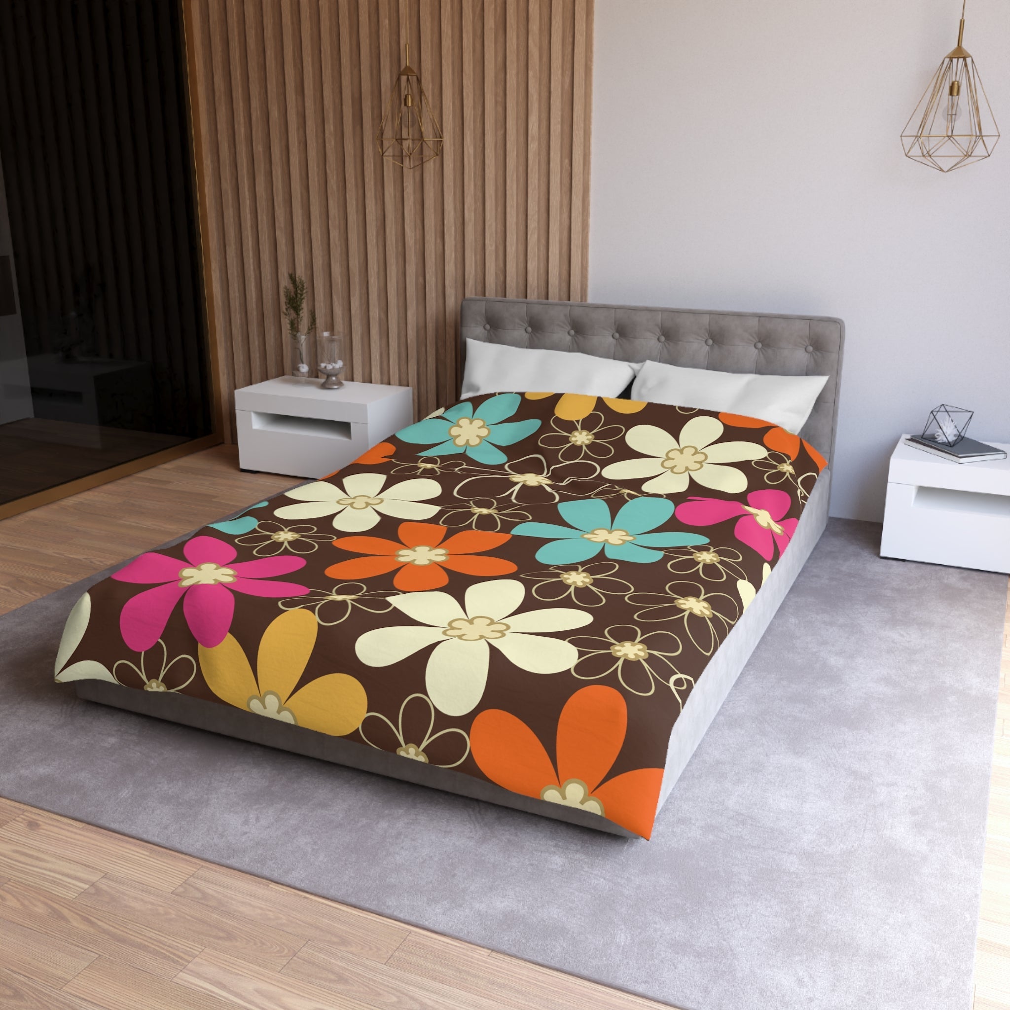 Kate McEnroe New York 70s Retro Groovy Hippie Flower Power Duvet Cover, Mid Century Modern Teal, Orange, Pink, Chocolate Floral BeddingDuvet Covers52137592890885430004