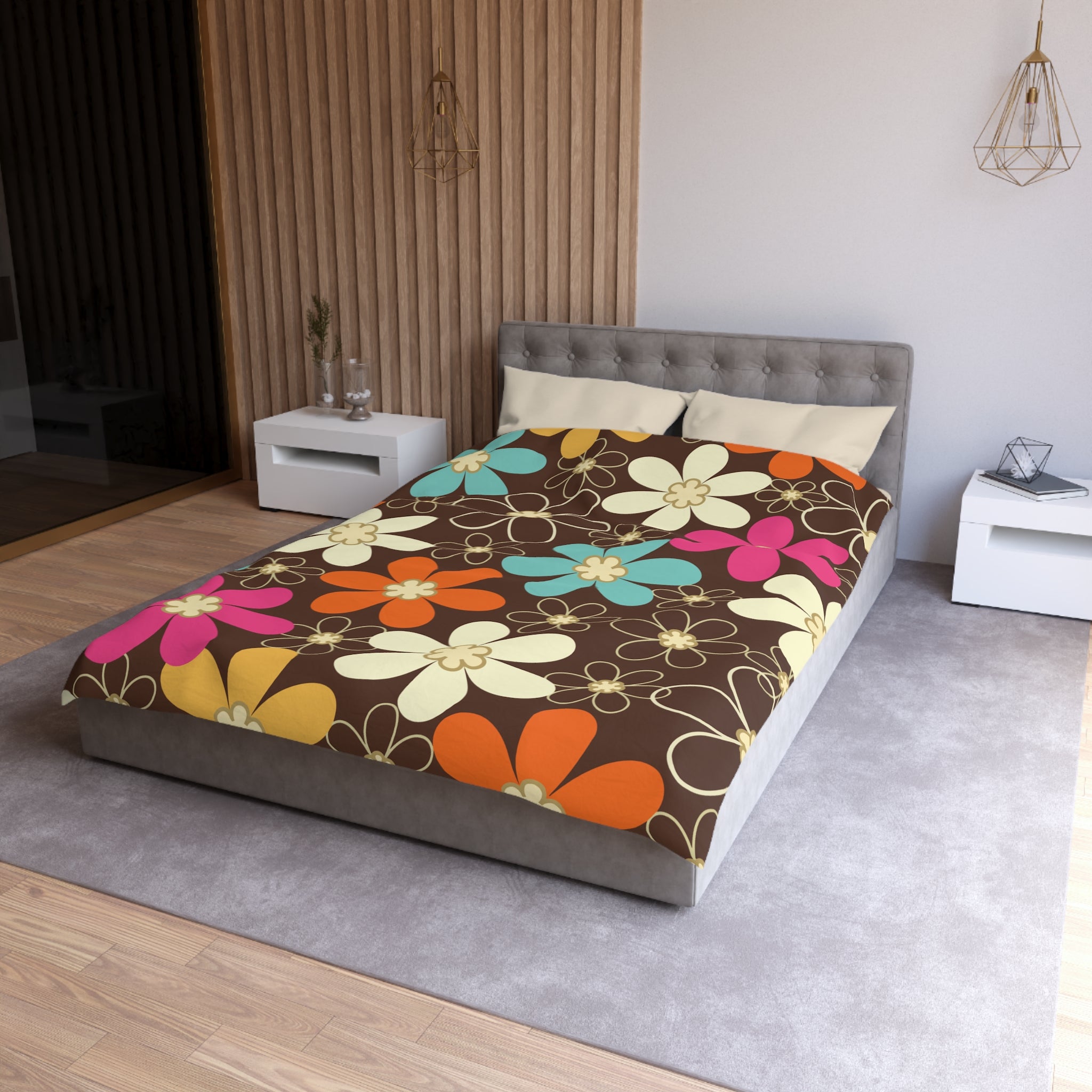 Kate McEnroe New York 70s Retro Groovy Hippie Flower Power Duvet Cover, Mid Century Modern Teal, Orange, Pink, Chocolate Floral BeddingDuvet Covers52137592890885430004