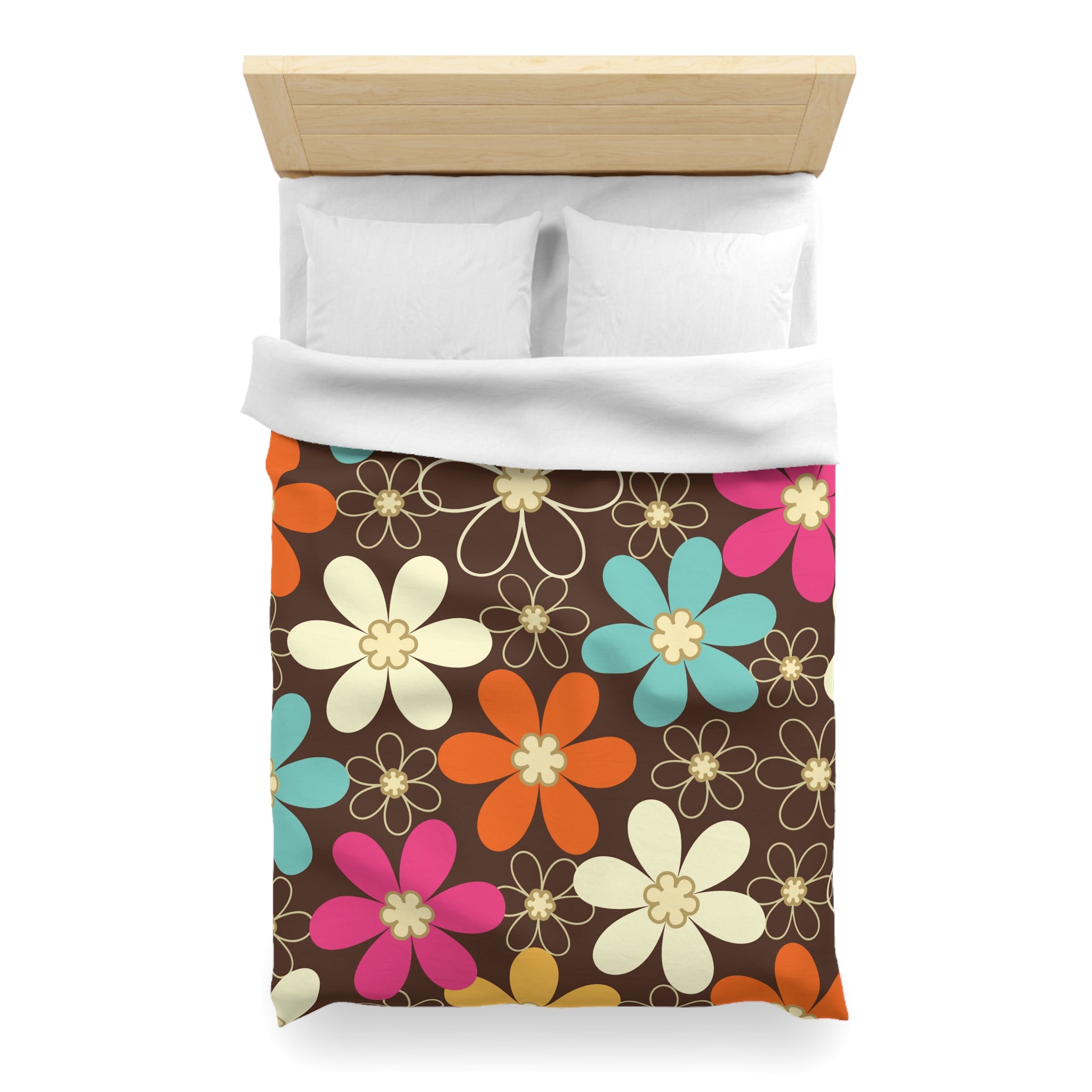 Kate McEnroe New York 70s Retro Groovy Hippie Flower Power Duvet Cover, Mid Century Modern Teal, Orange, Pink, Chocolate Floral BeddingDuvet Covers52137592890885430004