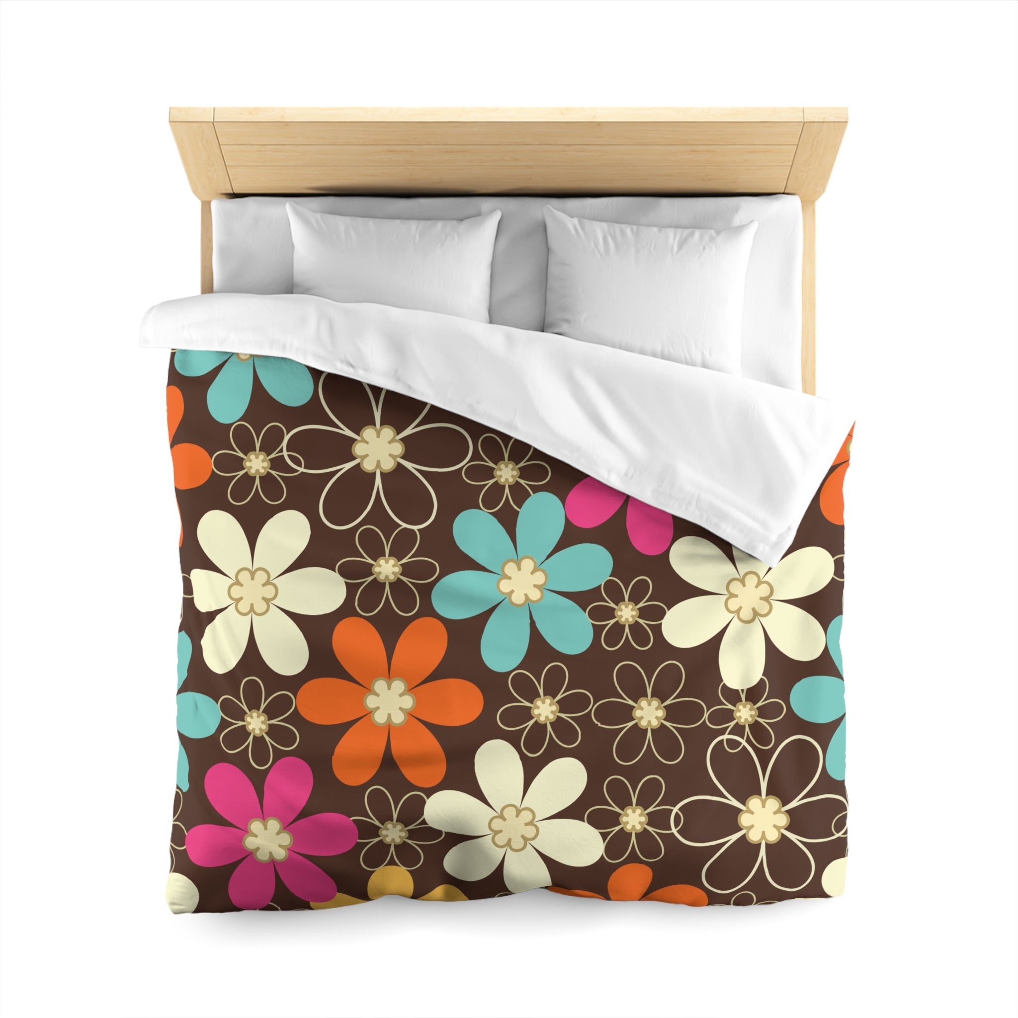 Kate McEnroe New York 70s Retro Groovy Hippie Flower Power Duvet Cover, Mid Century Modern Teal, Orange, Pink, Chocolate Floral BeddingDuvet Covers52137592890885430004