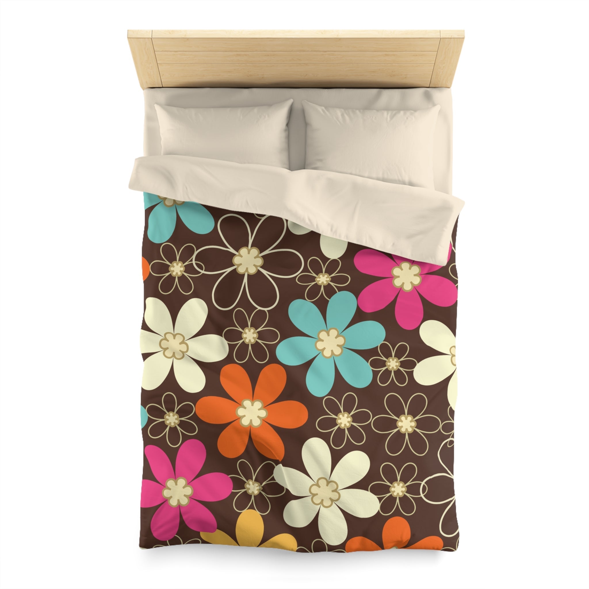 Kate McEnroe New York 70s Retro Groovy Hippie Flower Power Duvet Cover, Mid Century Modern Teal, Orange, Pink, Chocolate Floral BeddingDuvet Covers52137592890885430004